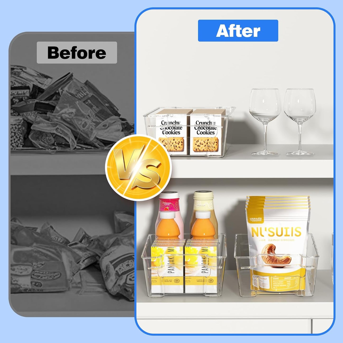 6 Pack Clear Refrigerator Storage Bins, Stackable Plastic Fridge Organizer Kitchen Pantry Storage Bins with Handles for Snacks, Freezer, Kitchen Cupboard, and Cabinet Organization