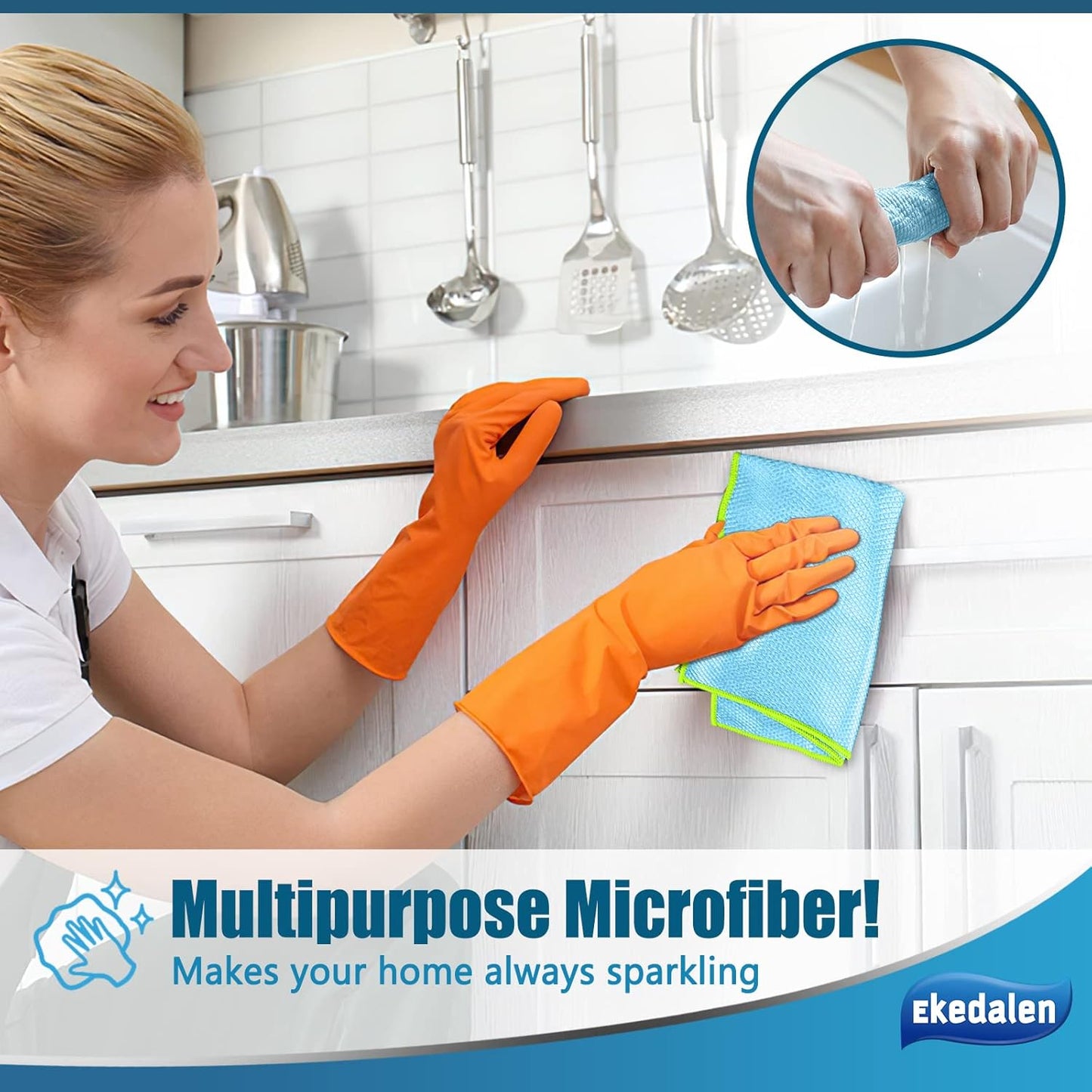 Microfiber Cleaning Cloth Lint Free Glass Cleaner Window Polishing Streak Free Miracle Easy Clean Rag Reusable for Mirror Kitchen Dish Auto Detailing,Pack of 8, 12'' x 16'', Blue and Grey