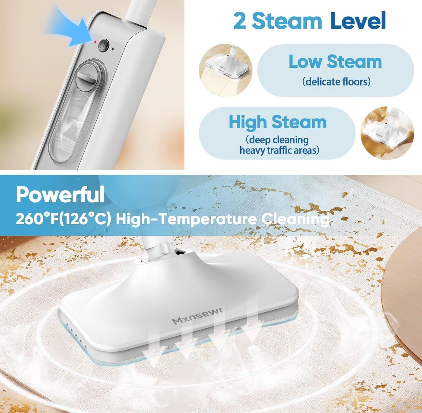 Steam Mop All-in-one Multi-Functional Powerful Steam Cleaner, Handheld Detachable Floor Steamer with 2 Steam Level, 380ML Water Tank & 23FT Power Cord for Floor Cleaning, Bathroom,Clothes, Furniture