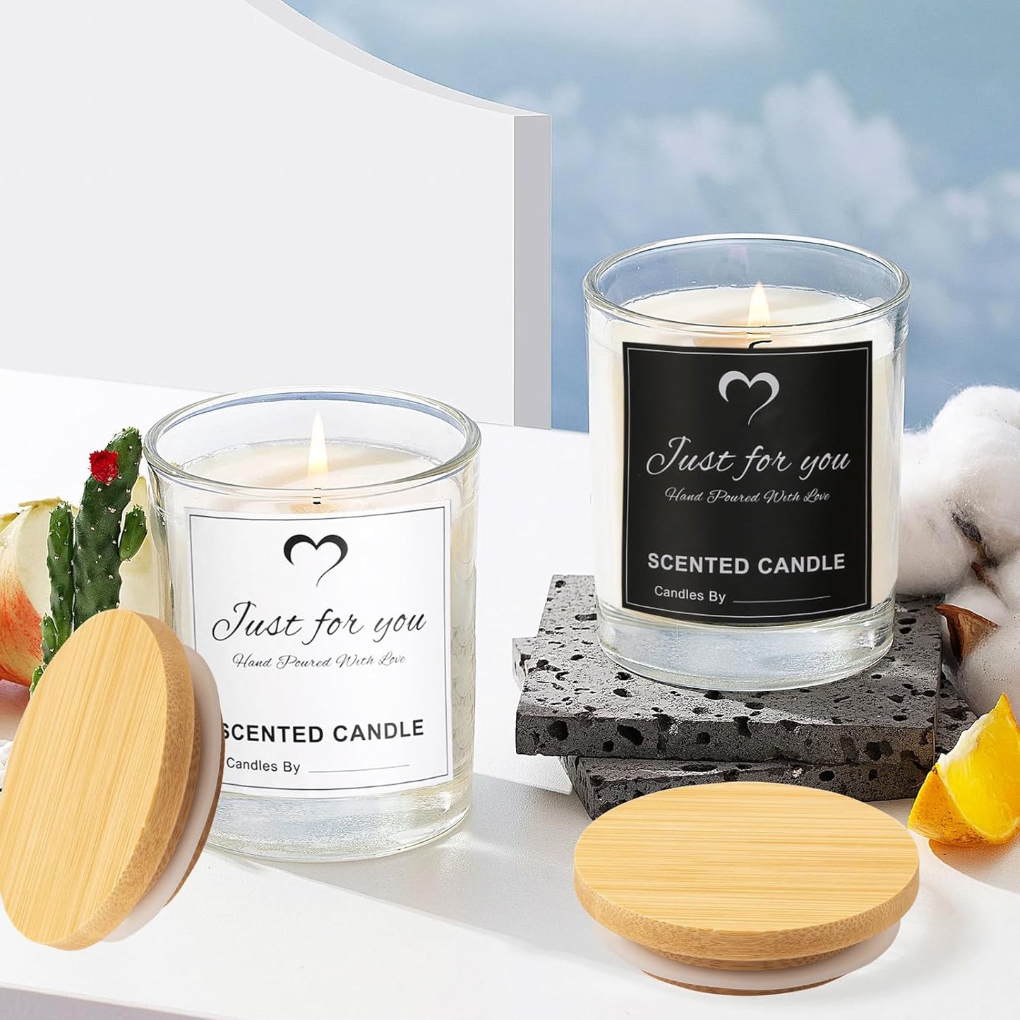 CONNOO 8 Pack 14 OZ Clear Glass Candle Jars with Bamboo Lids for Making Candles, Large Size Empty Candle Tins with Sticky Labels - Leakproof & Dishwasher Safe.