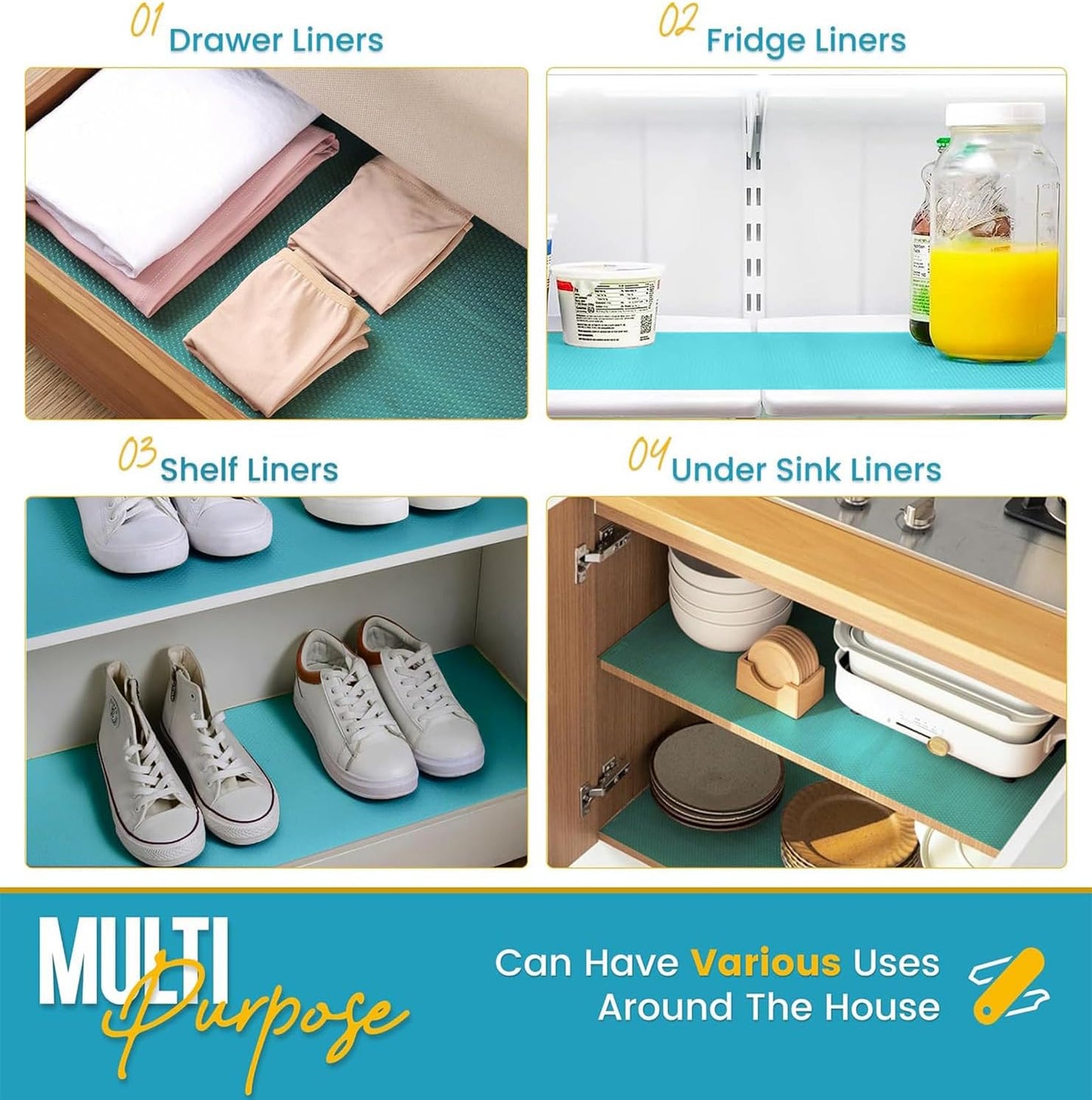 Refrigerator Liners for Shelves by Linda’s Essentials - Easy to Clean Fridge Liner with Spill Protection Fridge Shelf Liners & Drawer Liner, Nonslip BPA-Free Refrigerator Mats (Blue Roll)