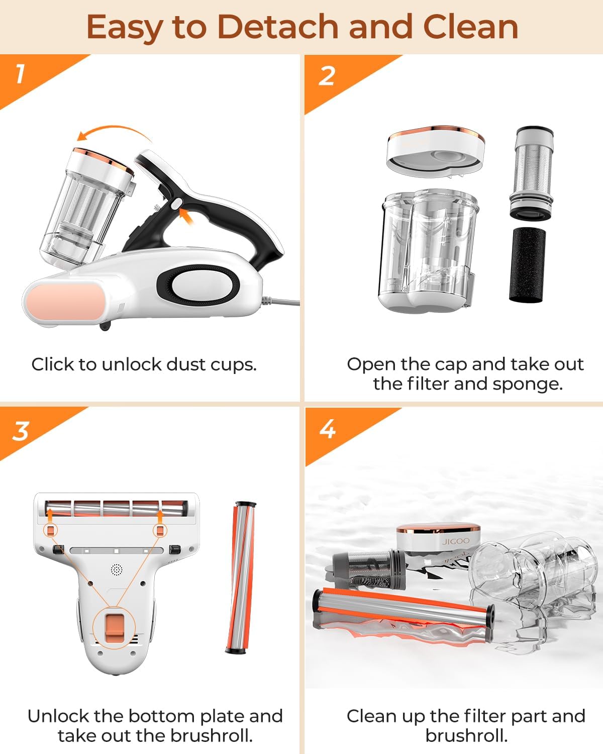 JIGOO Bed Vacuum Cleaner with Dust Sensor, Mattress Vacuum Cleaner with UV & Ultrasonic and High Heating, 13Kpa Suction 500W Powerful Double-Cup Handheld Vacuums (J300, Corded)