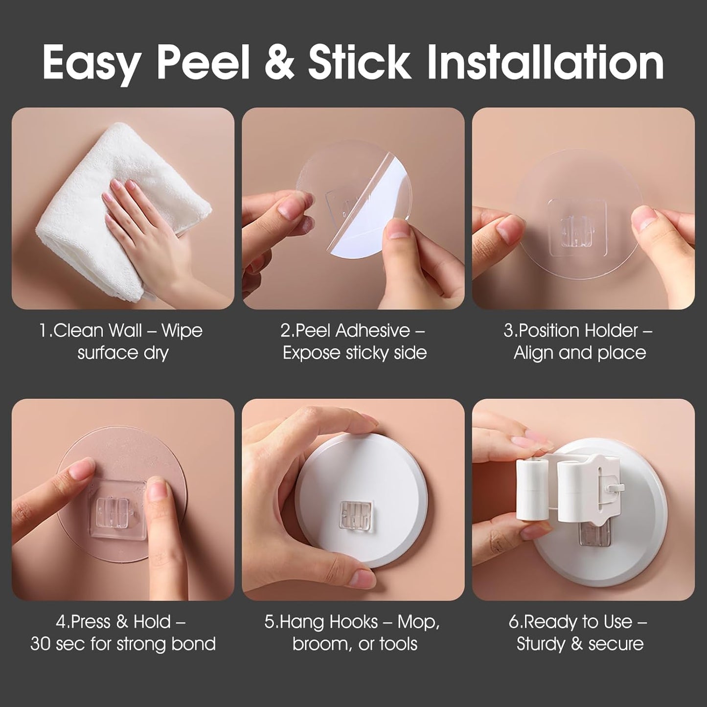 Mop Holder 3 Pack - Wall Mount Broom and Mop Grippers, No Drilling Self Adhesive Hooks, ABS Heavy Duty Storage Organizer for Kitchen, Garage, Bathroom