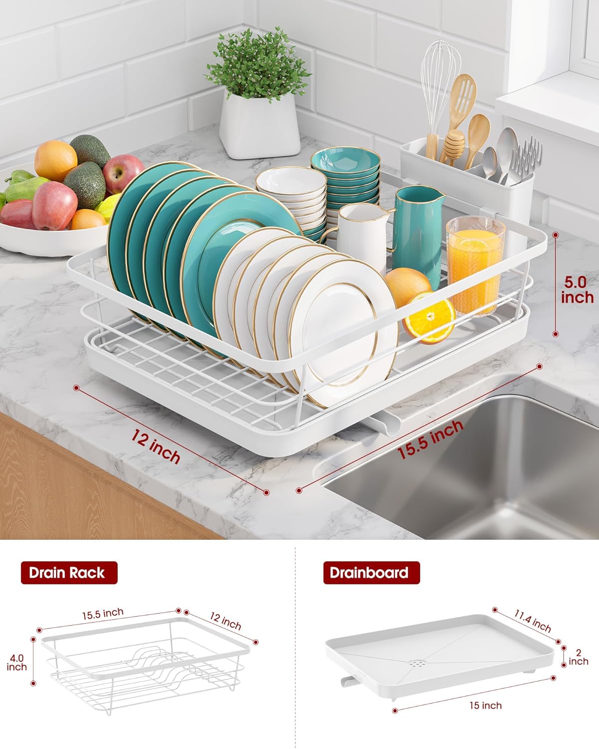 Stainless Steel Dish Drying Rack for Kitchen Counter, Sink Organization and Storage Essentials with Silverware & Utensil Holder, Home and Apartment Decor, 12''W x 15.6''L, White