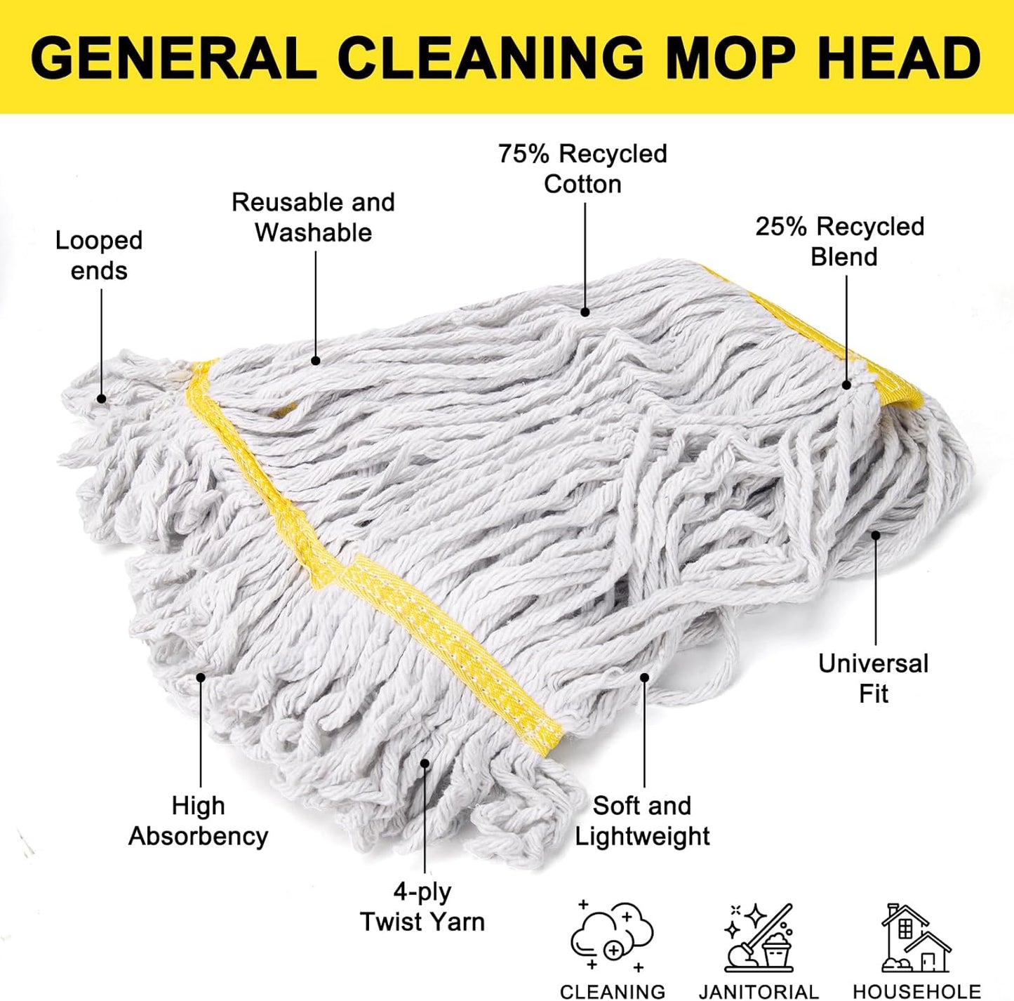 KeFanta 3 Pack Heavy Duty Commercial Mop Head Replacement,Looped End String Cotton Mop Heads,Industrial Wet Mops Refill for Floor Cleaning