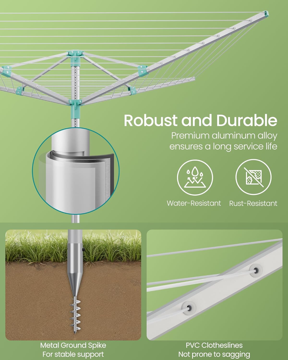 SONGMICS Umbrella Drying Rack, Retractable Outdoor Drying Rack, Height Adjustable, 164 ft Long Clothesline, Holds 5 Laundry Loads, for Garden, with Ground Spike, Cover, Silver and Green ULLR301E01