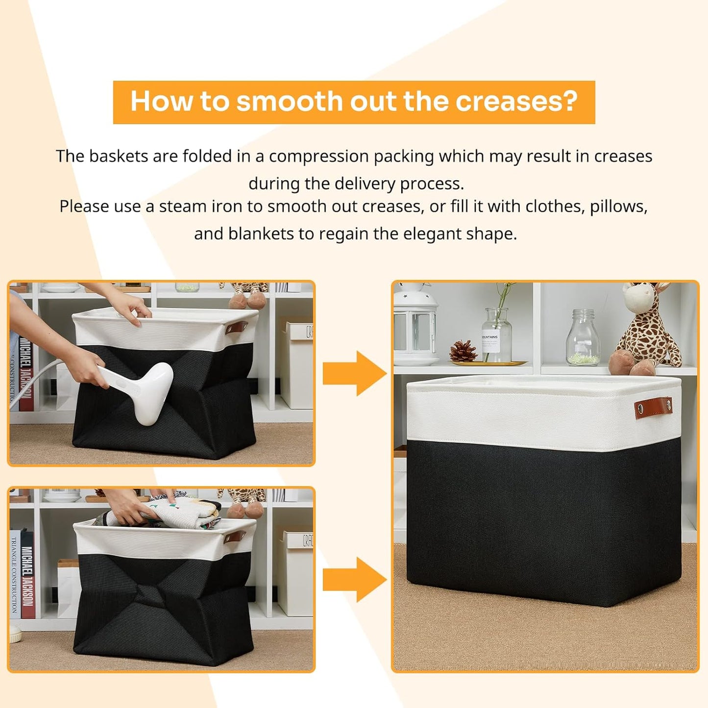 DULLEMELO Large Fabric Basket for Organizing, 17"x12"x15" Storage Basket With Leather Handles, Collapsible Storage Bin for Clothes, Toys, Books, Office, Bedroom, Closet, Nursery&Laundry (White&Black)