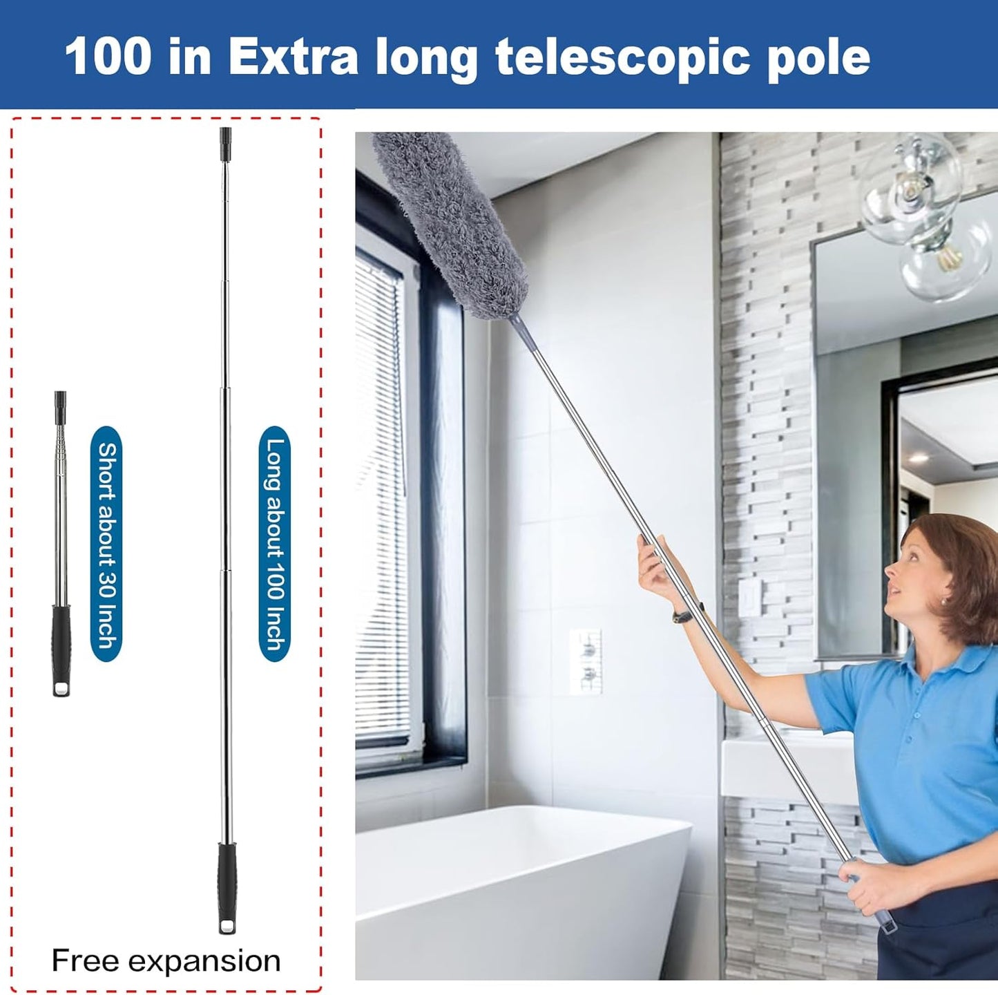 FUUNSOO Microfiber Feather Duster, Duster with Extension Pole 30-100 Inches,Ceiling Fan Cleaner Duster Retractable Gap Dust Brush Cleaner for Cleaning Cobweb,High Ceiling,Blinds, (Dark Gray)