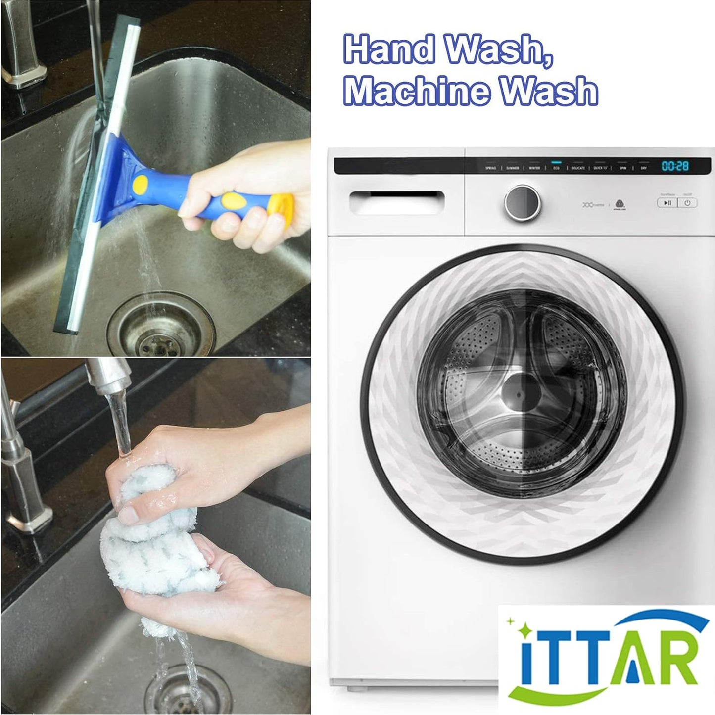 ITTAR Window Squeegee Cleaner Kit, 5Ft Extendable Stainless Steel Pole with Rotatable Rubber Squeegee & 2 Microfiber Scrubber Pads, Professional Window Cleaning Tool for Home, Shower, Car, Windshield