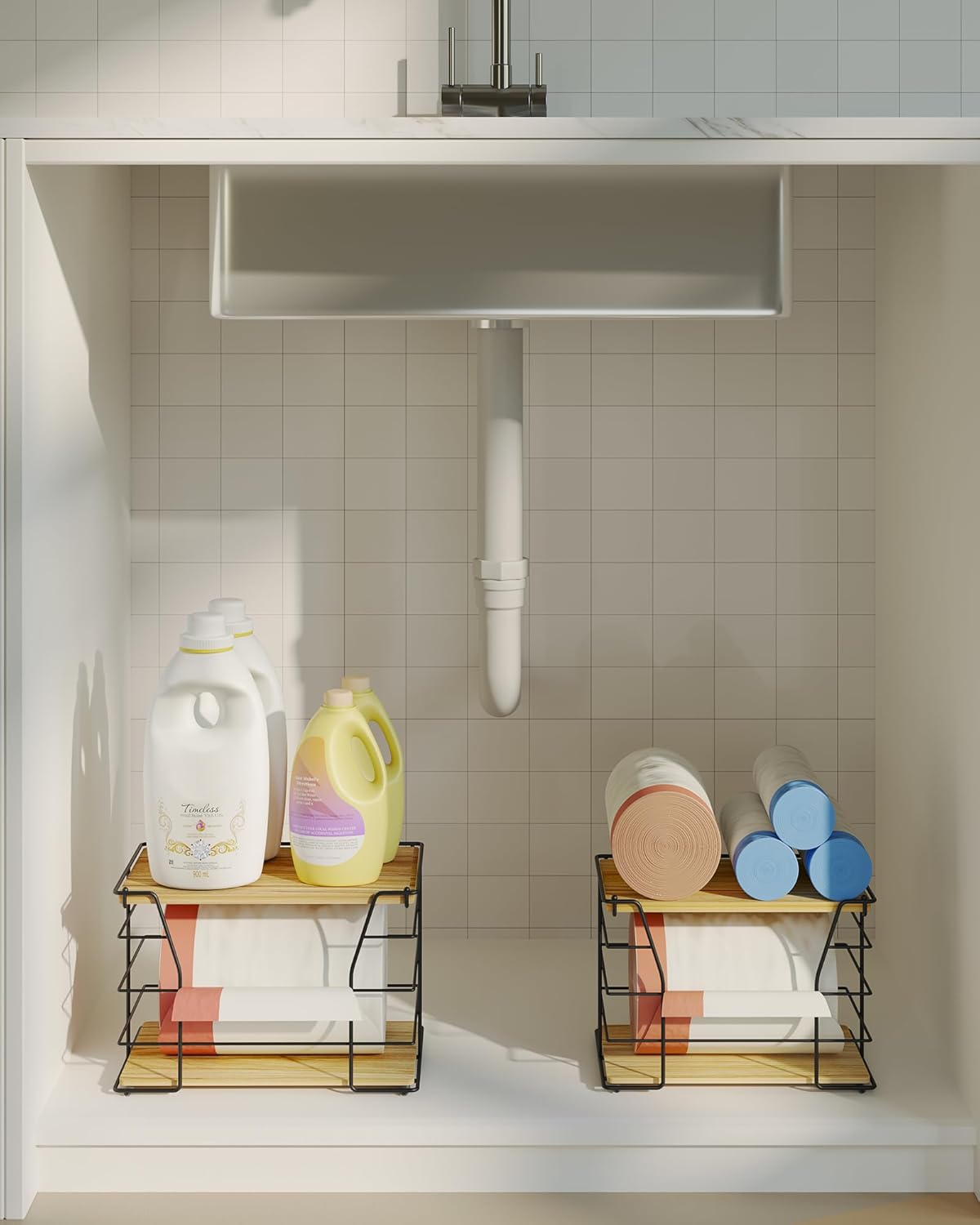 2 Pack Trash Bag Holder/Dispenser, Stackable Storage Laundry Kitchen Organizers for Countertop Organization, Wall Mount Garbage Bag Dispenser with wooden Top, No Drill