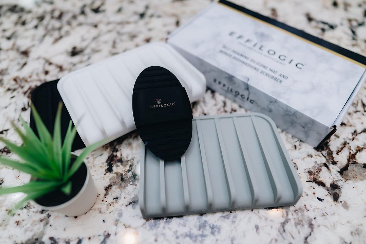 Effilogic Silicone Sponge Holder – Self-Draining Kitchen Sink Organizer, Quick Dry Mat and Counter Protector – Dishwashing Accessories for Sponges, Brushes, and Soap - Medium White