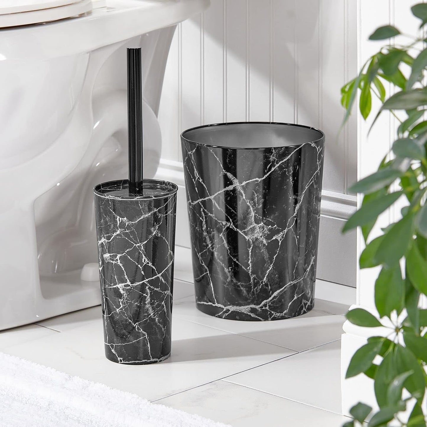 mDesign Round Metal Small 1.7 Gallon Recycle Trash Can Wastebasket, Garbage Container Bin for Bathrooms, Kitchen, Bedroom, Home Office - Durable Stainless Steel - Mirri Collection - Black Marble