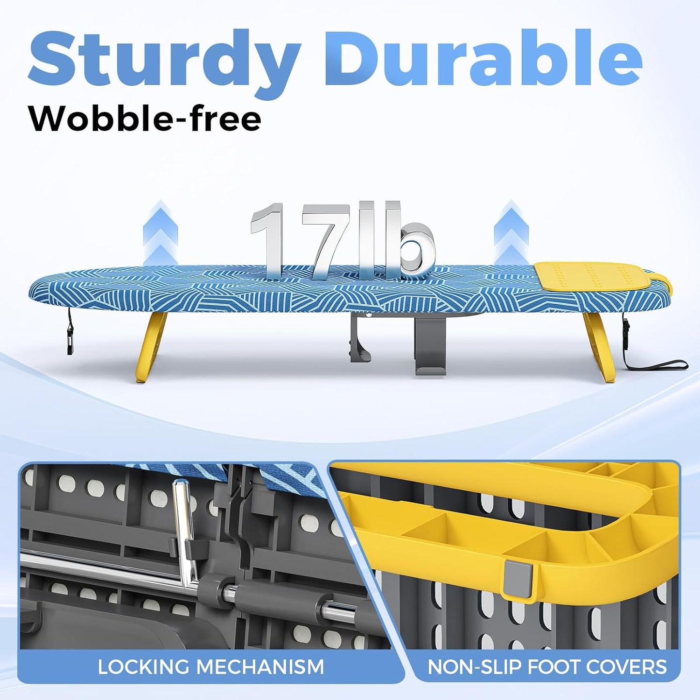 KINGBOARD Tabletop Ironing Board, Small Ironing Board with Iron Holder, Foldable Mini Iron Board, Easy Storage for Travel & Dorm, 12x32 Blue