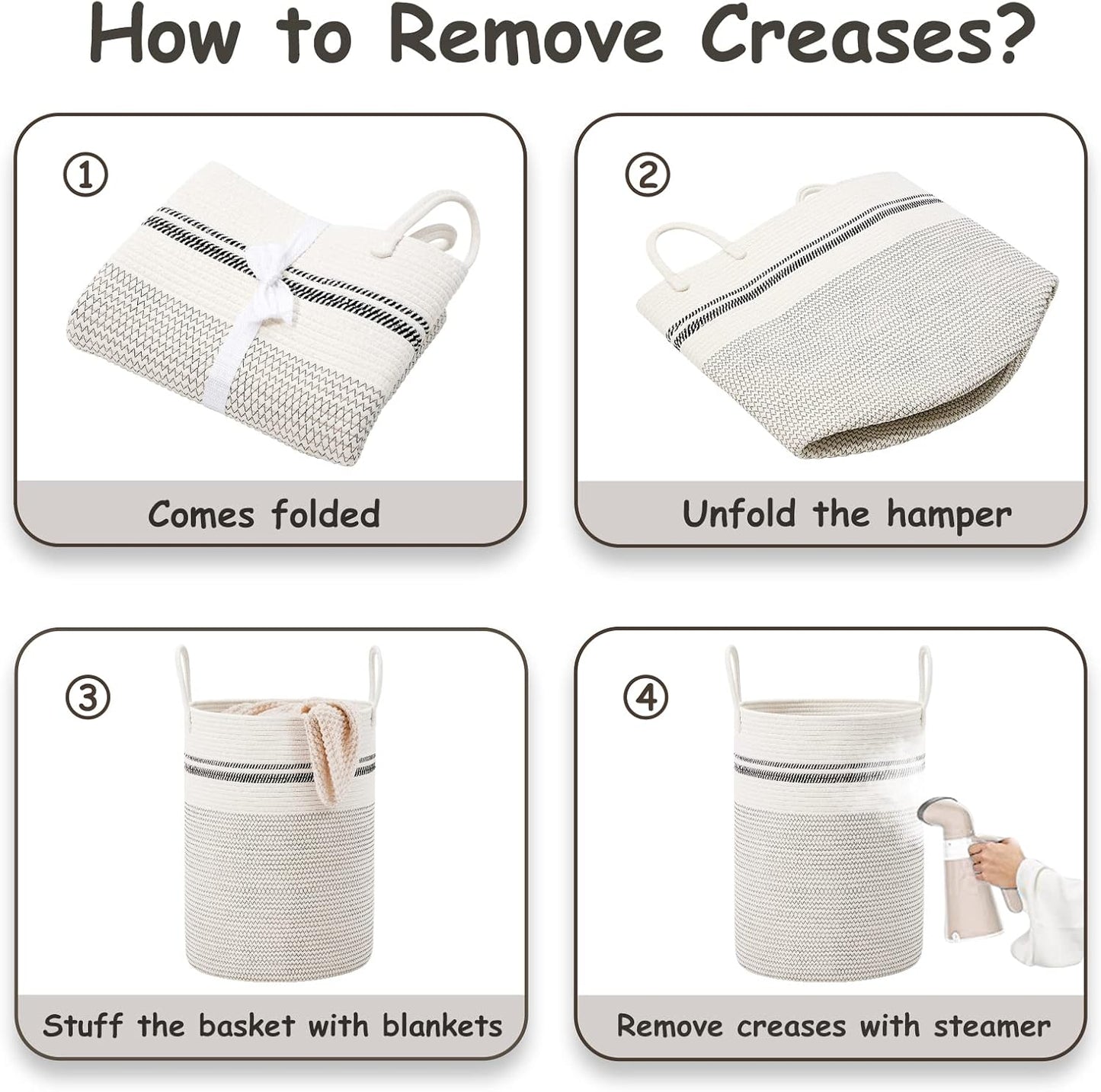 VIPOSCO Large Laundry Hamper, Tall Woven Rope Storage Basket for Blanket, Toys, Dirty Clothes in Living Room, Bathroom, Bedroom - 58L Stripe White