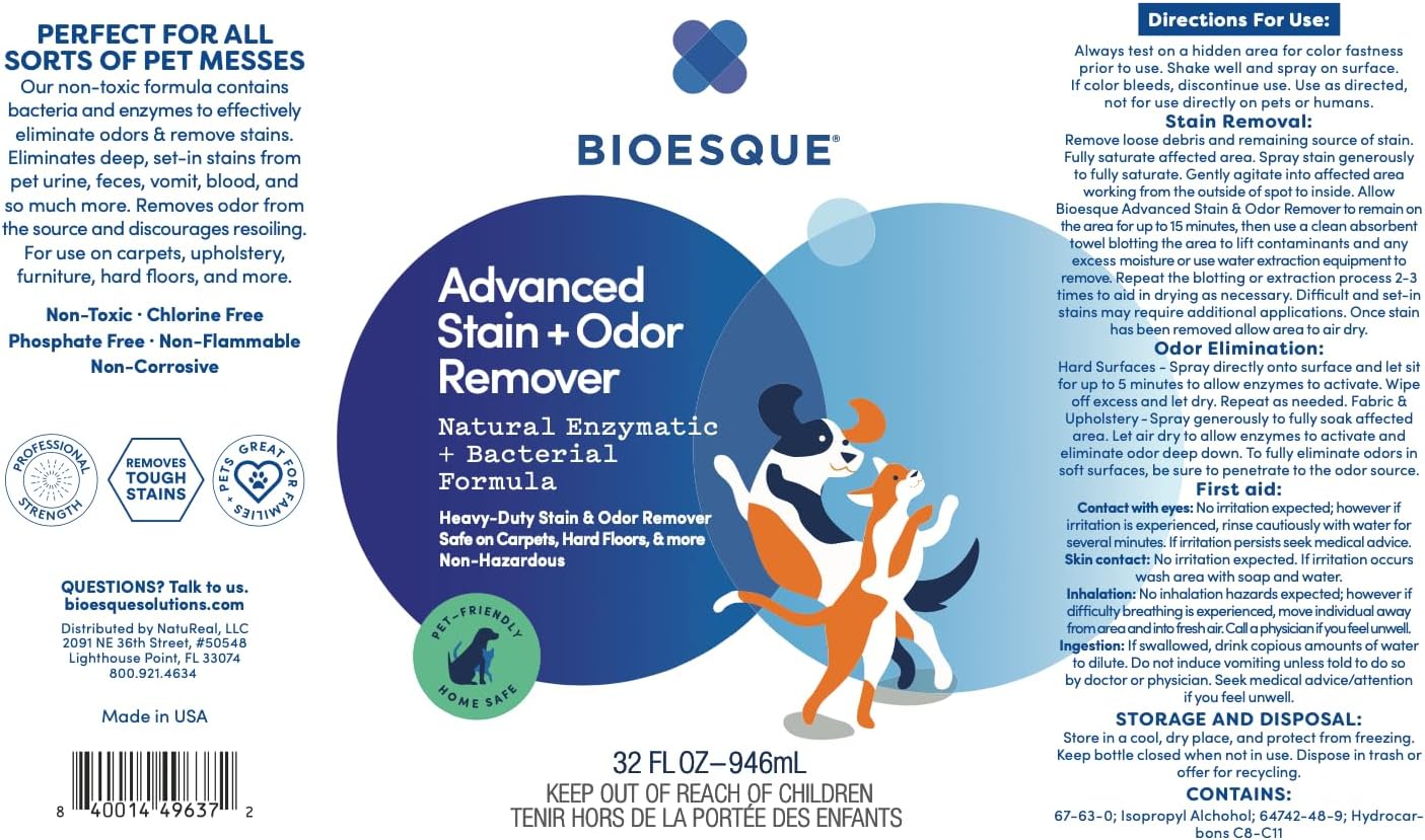 Bioesque Advanced Stain + Odor Remover, Pet-Friendly Natural Enzymatic & Bacterial Formula, Heavy-Duty Stain & Odor Remover, Safe on Carpets, Hard Floors, & More, 32 Fl Oz (Pack of 1)