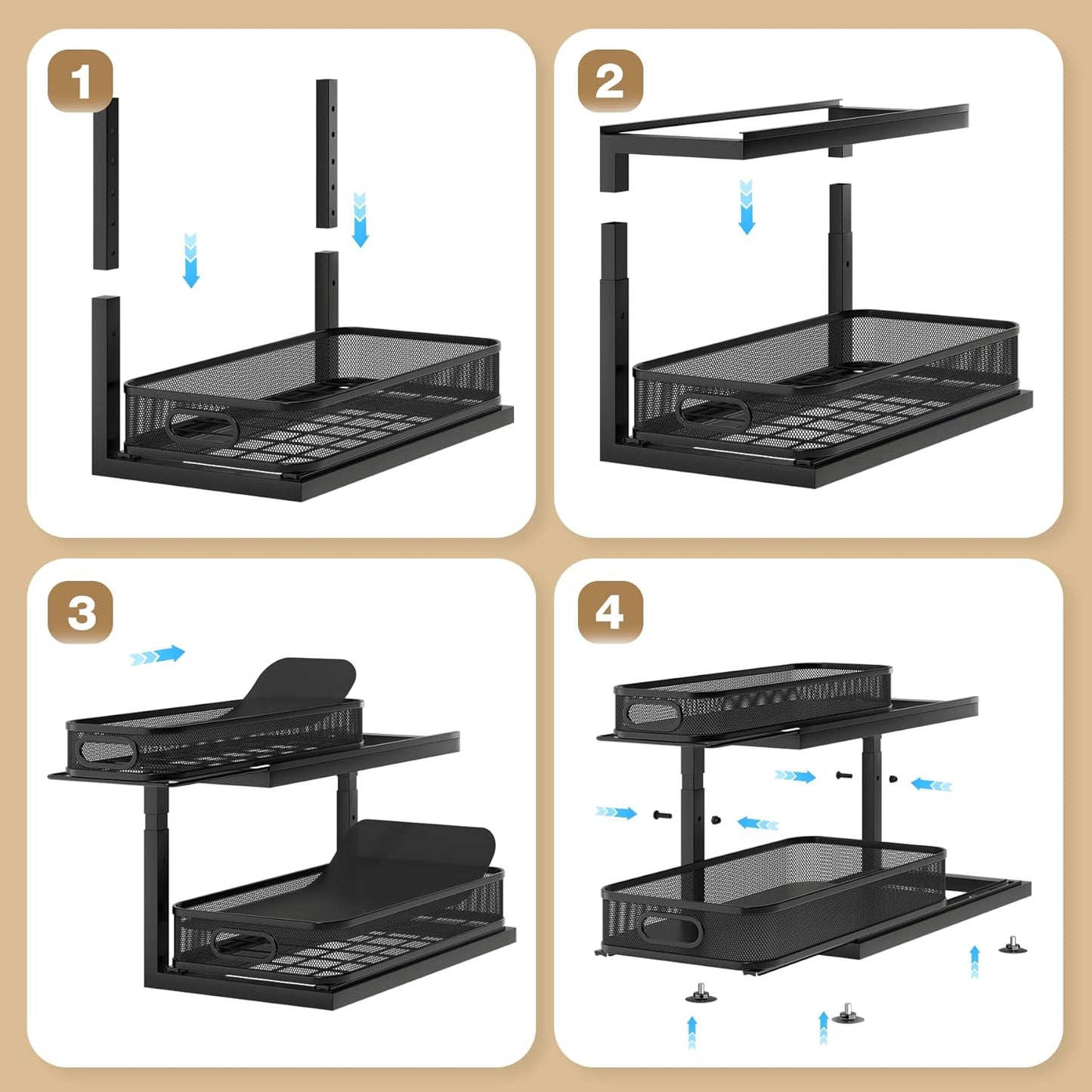 2-Pack 18.5 IN Depth Under Sink Organizer With Next-Gen Ball-Bearing Slides,Sophisticated Mesh 2-Tier Pull Out Shelf for Kitchen & Bathroom,Fits Small Items-Black