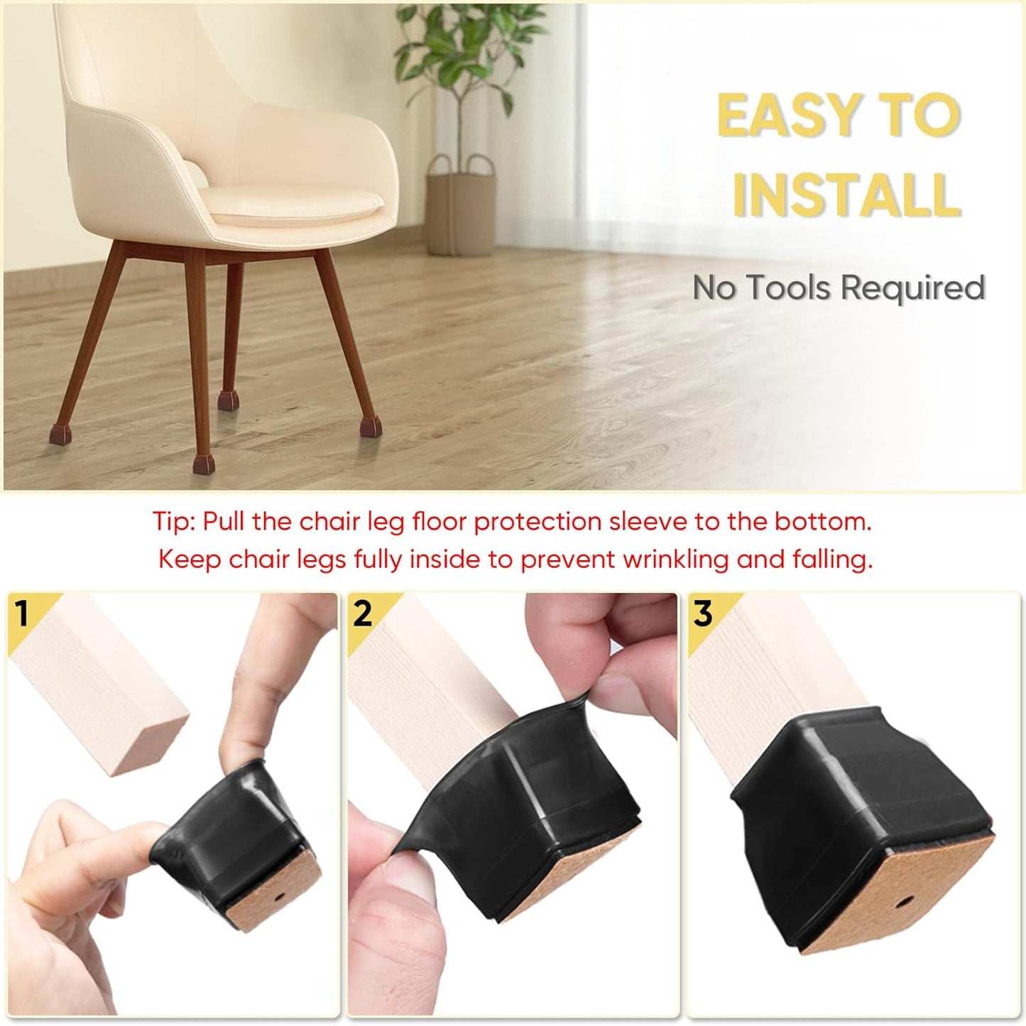 BALEINE 16 Pack Silicone Chair Leg Floor Protectors, Stool Leg Protectors Cap, Non-Slip Chair Leg Caps for Hardwood Floors (Black & Large (Square), 16 Pack)