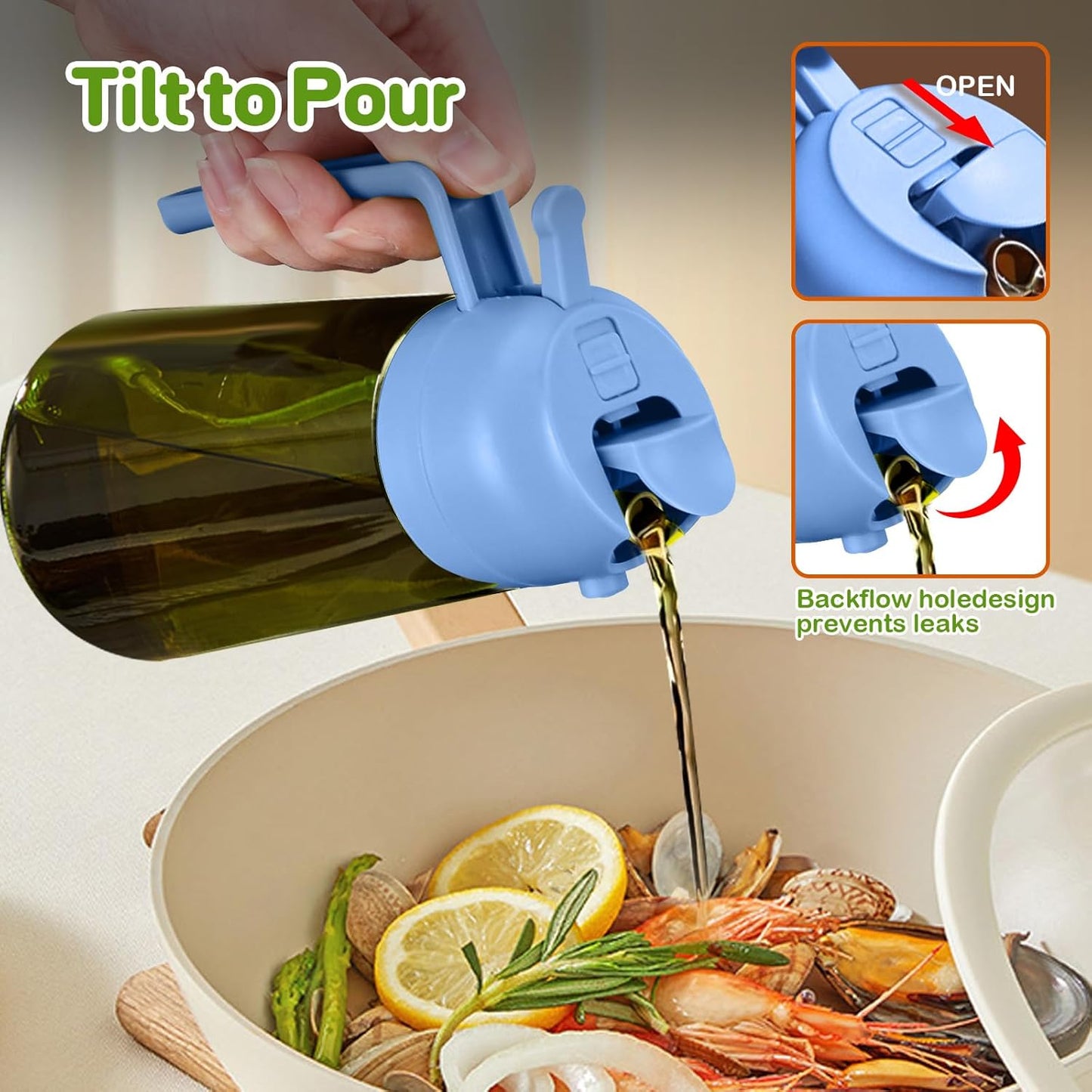 YARRAMATE 16oz/470ml Dark Green Oil Sprayer for Cooking with Stickers, Food-grade Premium 2 in 1 Olive Oil Dispenser Bottle for Kitchen Gadgets, Air Fryer, Salad, Frying, BBQ (SkyBlue)