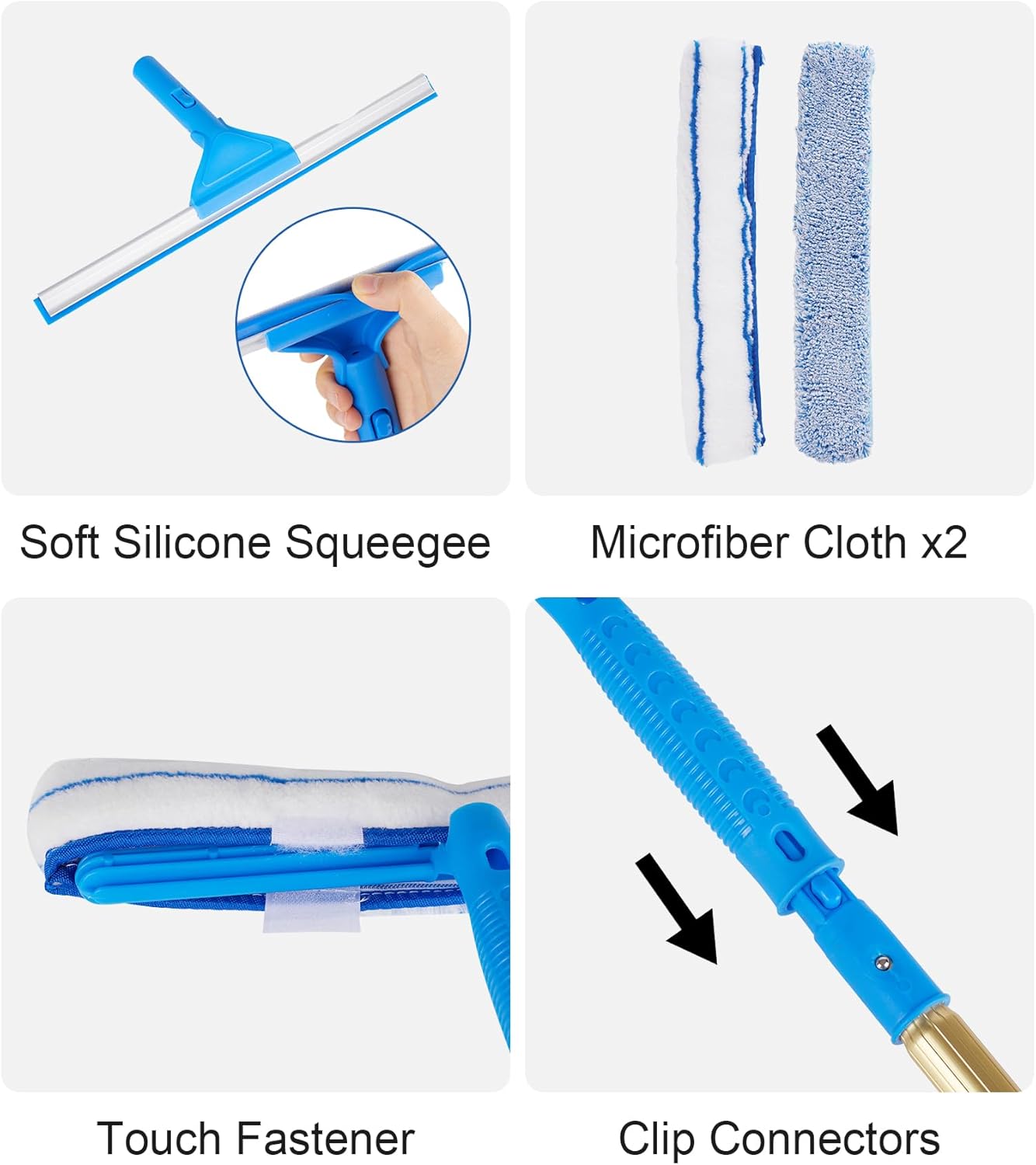 2 in 1 Window Squeegee Cleaning Kit with Aluminum Alloy Extension Poles, Scrubber, Glass Scrapper, Bendable Duster,2 Scrubber Cloth for Window, Car, Floor, Home, Garden