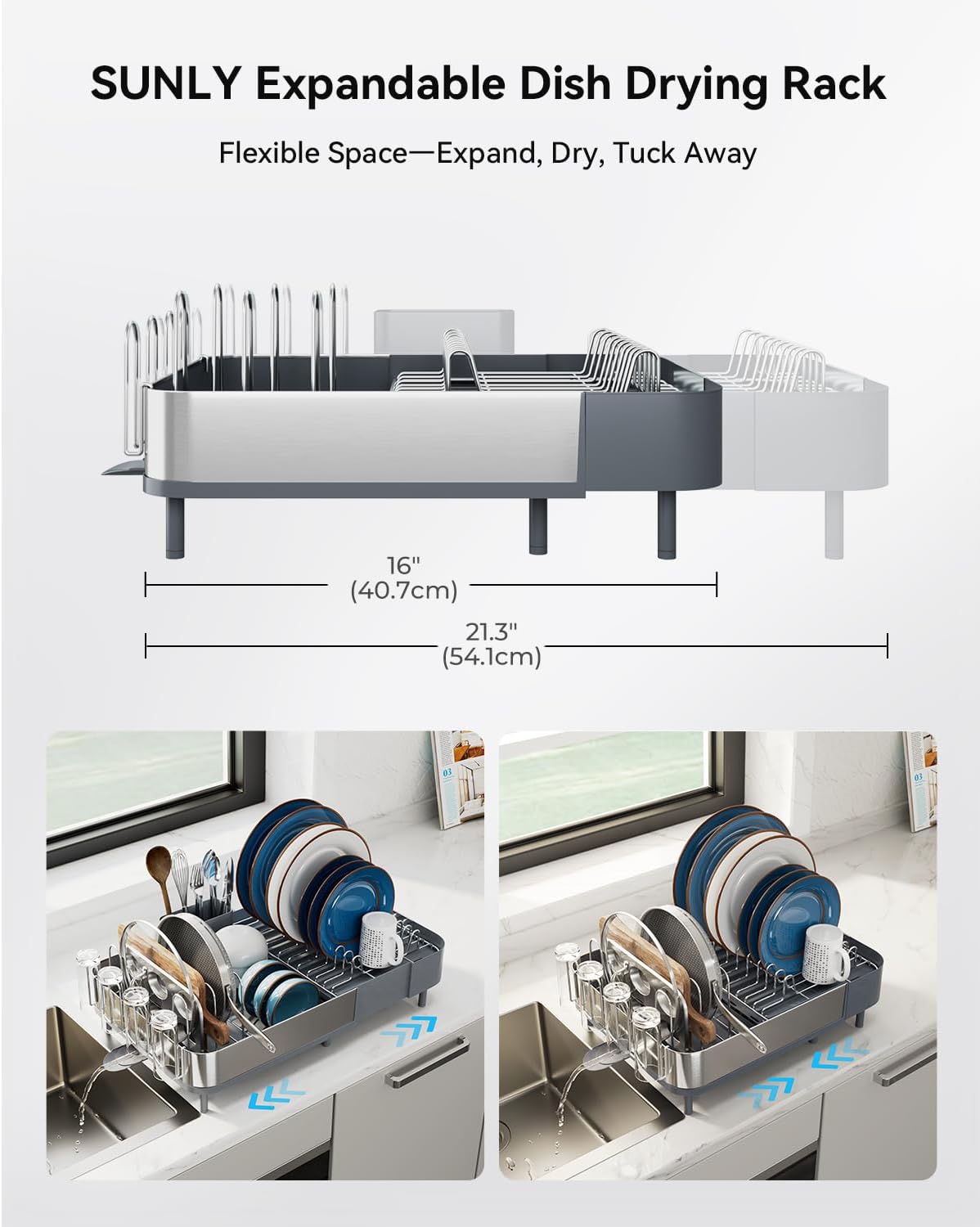 SUNLY Expandable Dish Drying Rack, Versatile Brackets for Pots & Pans, Space Saving Kitchen Drying Rack, Dish Racks for Kitchen Counter, Stainless Steel Dish Drainers with Extendable Spout, Gray