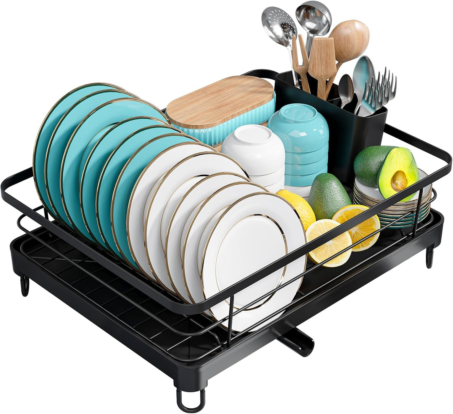 Stainless Steel Dish Drying Rack for Kitchen Counter, Sink Organization and Storage Essentials with Silverware & Utensil Holder, Home and Apartment Decor, 12.7''W x 16.7'L, Black