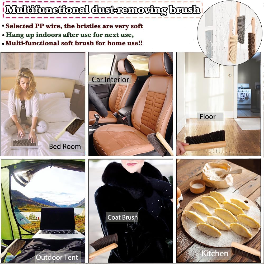 2Pcs Hand Broom Brush Beech Wood,Dust Brush,Duster for Counter,12inch Foxtail Bench Brush, Round Handle Handheld Brushes,5 Rows Soft Bristles for Bed,Shop Table,Woodworking Cleaning,Car,Sofa