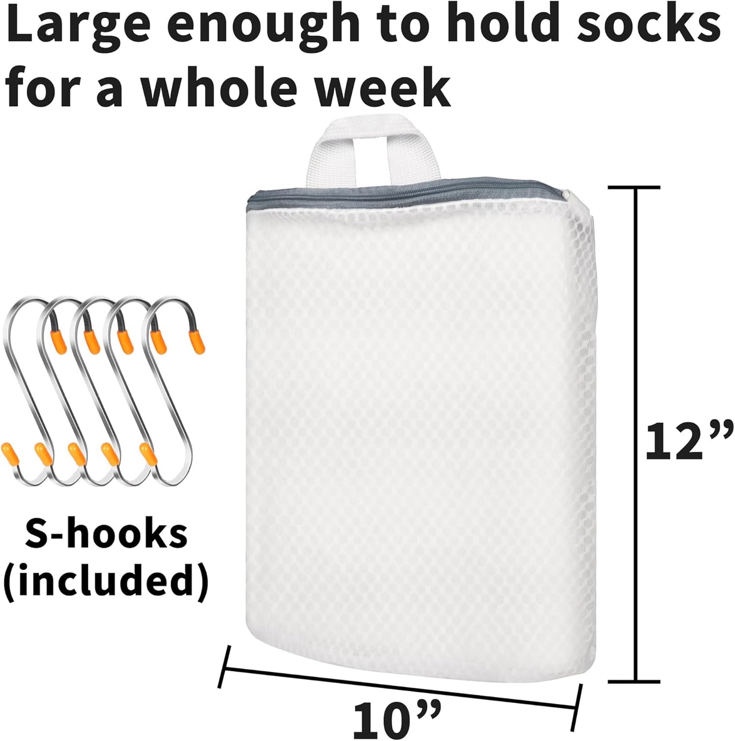5Pcs Hanging Laundry Bags for Socks with S Hooks,12 X 10 inch 5 Color Mesh Laundry Bags for Washing Machine