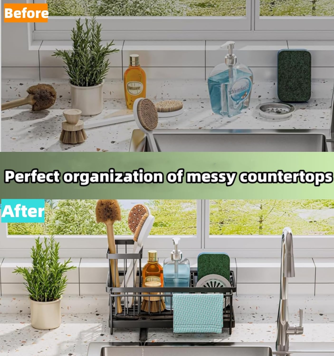 Sink Caddy Sponge Holder with Auto Draining Tray, Space-Saving Soap Dispenser Storage Kitchen Organizer Accessories (Black Holder)