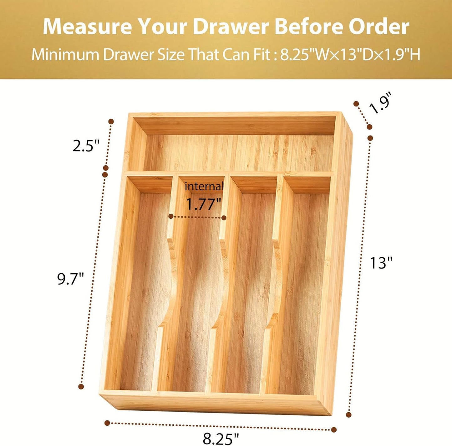 Umilife Bamboo Kitchen Drawer Organizer, 8.25 Inch Silverware Utensils Tray Holder for Small Drawer, Wood Caddy for Flatware Cutlery Knives