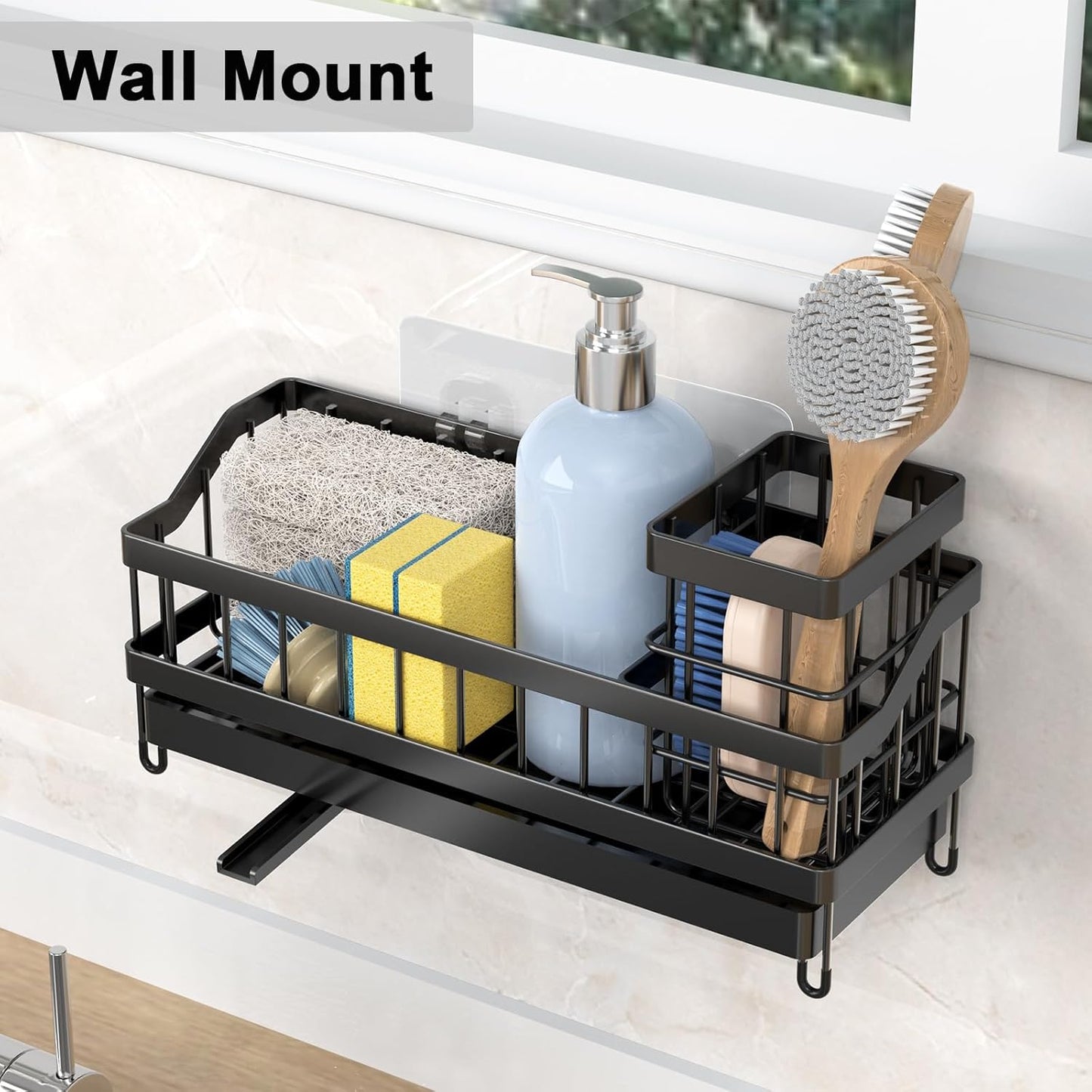 Sponge Holder for Kitchen Sink, Sink Caddy with High Brush Holder, Rustproof and Strong, anti slip, Self Draining spout is ideal, Keep Countertop Cleaning, Black