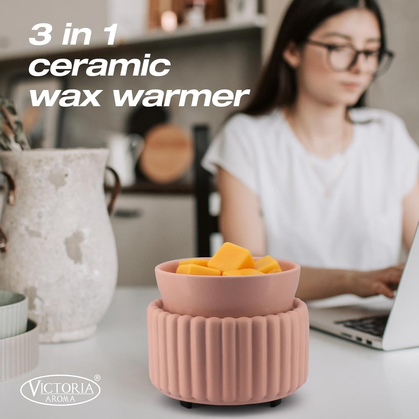 Ceramic Wax Melter 3-in-1 Candle Warmer for Scented Wax - Electric Fragrance Burner for Home, Office, Bedroom - Gift & Décor(Pink)