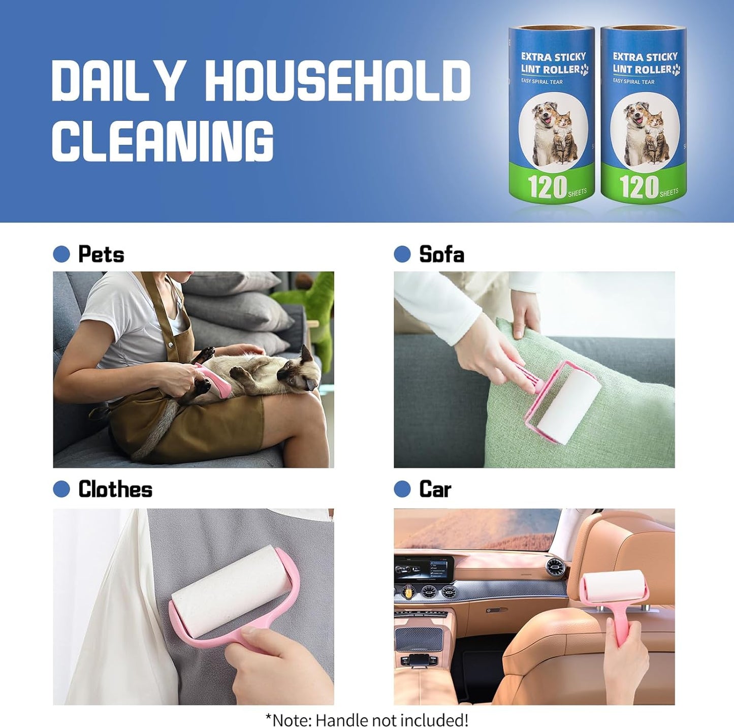 Extra Sticky Lint Roller Refills 10 Pack (1200 Sheets) fit 3.8"-4" Standard Size Lint Roller Sticker with Inner Diameter at 1.5" for Pet Hair, Clothes, Furniture, Cars, No Handle Included