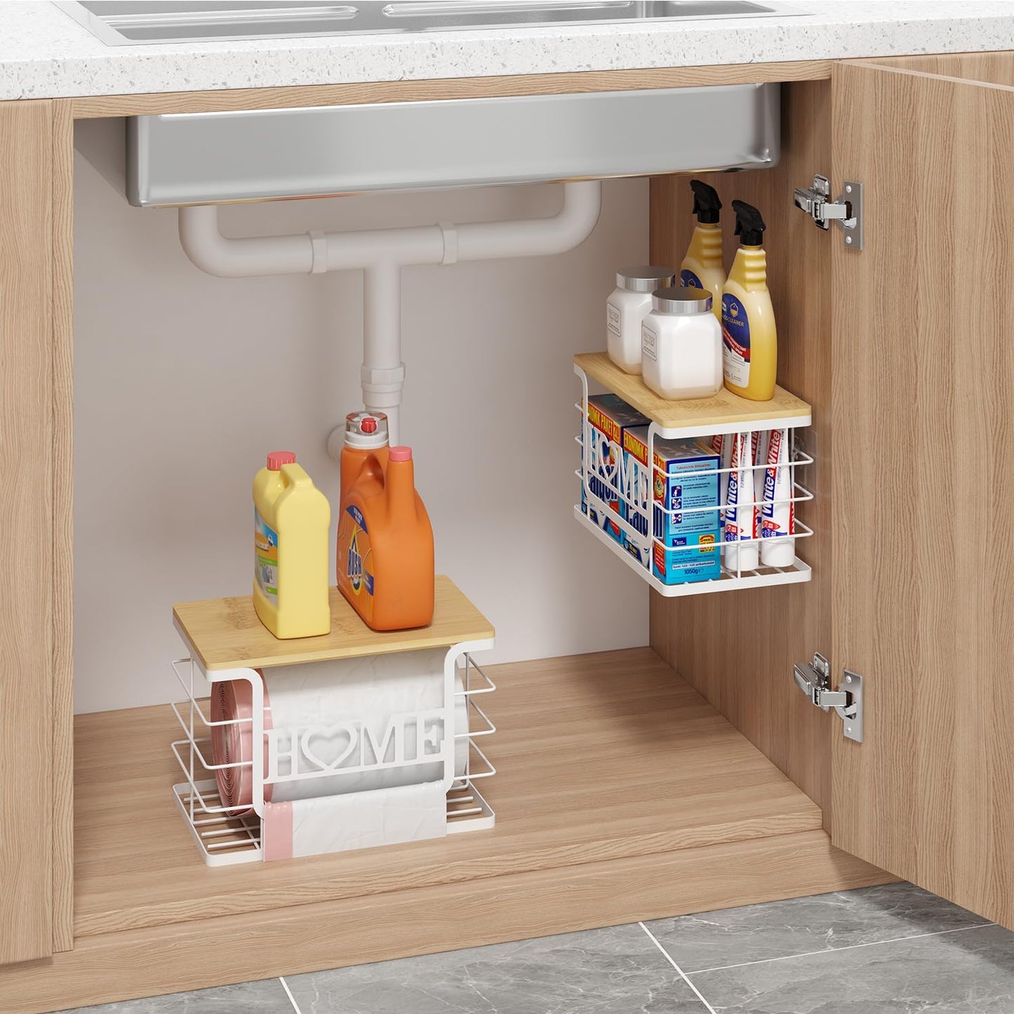 Trash Bag Holder, Thipoten Trash Bags Dispenser with Bamboo Top, Suitable for Garbage Bags Purchased Online or Supermarket, Perfect Storage Organizers for Cabinet, Under Sink (White, Extra Large)