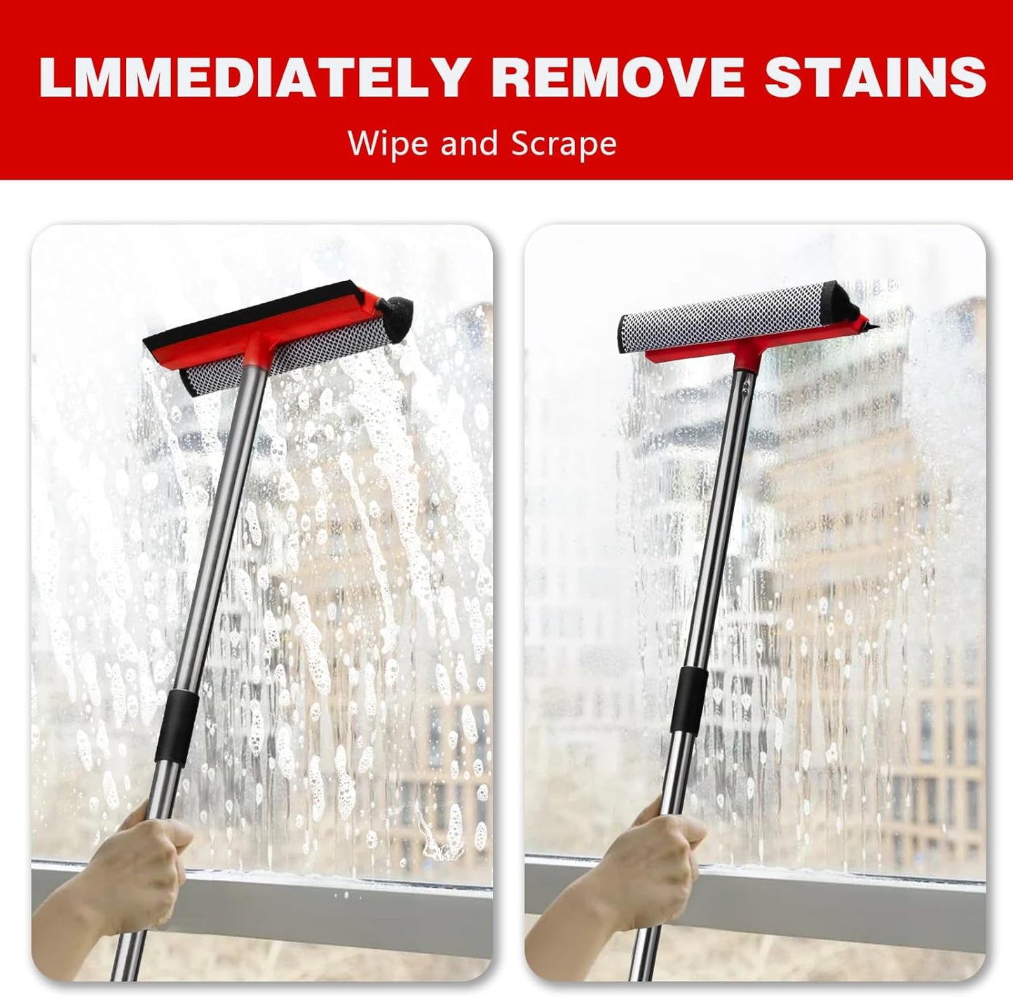 2 in 1 Standard Window Squeegee, Home Window Cleaner with 59" Poles,Washing Squeegee Suit for Glass Door Cleaner, Multi-Use Car Windshield Cleaning Tool with Long Handle for High Outdoor Windows