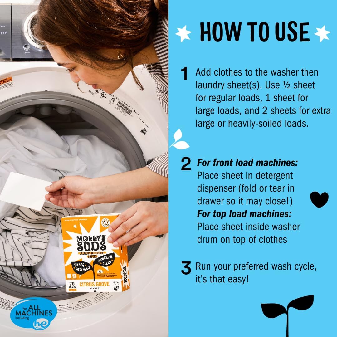 Molly’s Suds Laundry Detergent Sheets | Gentle on Sensitive Skin, Powerful Bio-Based Enzymes, Stain-Fighting | Liquidless & Plastic-Free Packaging | 120 Loads (Peppermint)