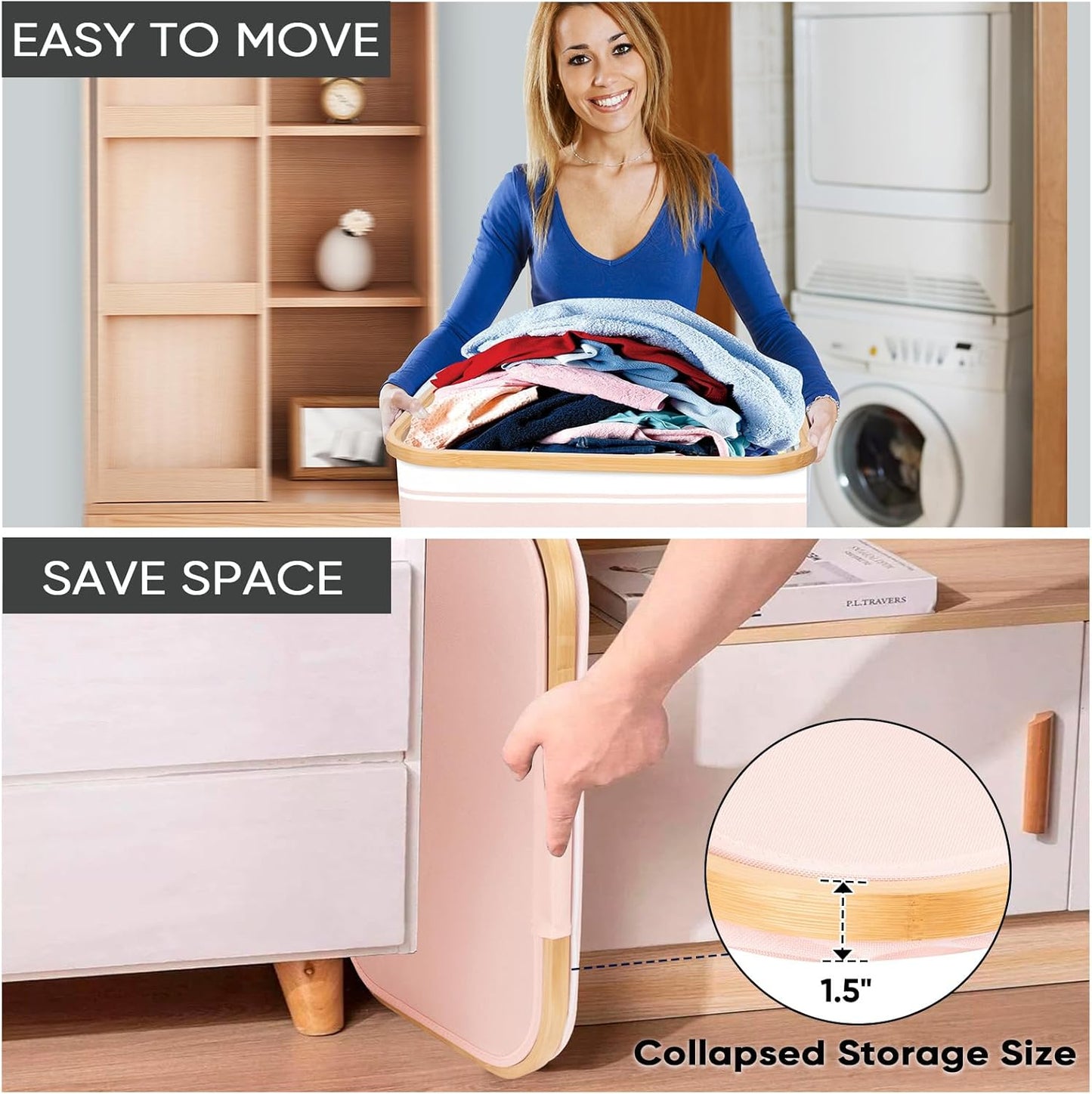 BALEINE Laundry Hamper with Lid, Tall Laundry Baskets with Bamboo Pull Handles, Large Laundry Bin with Internal Support (36 Gal/140L, Pink Stripe)