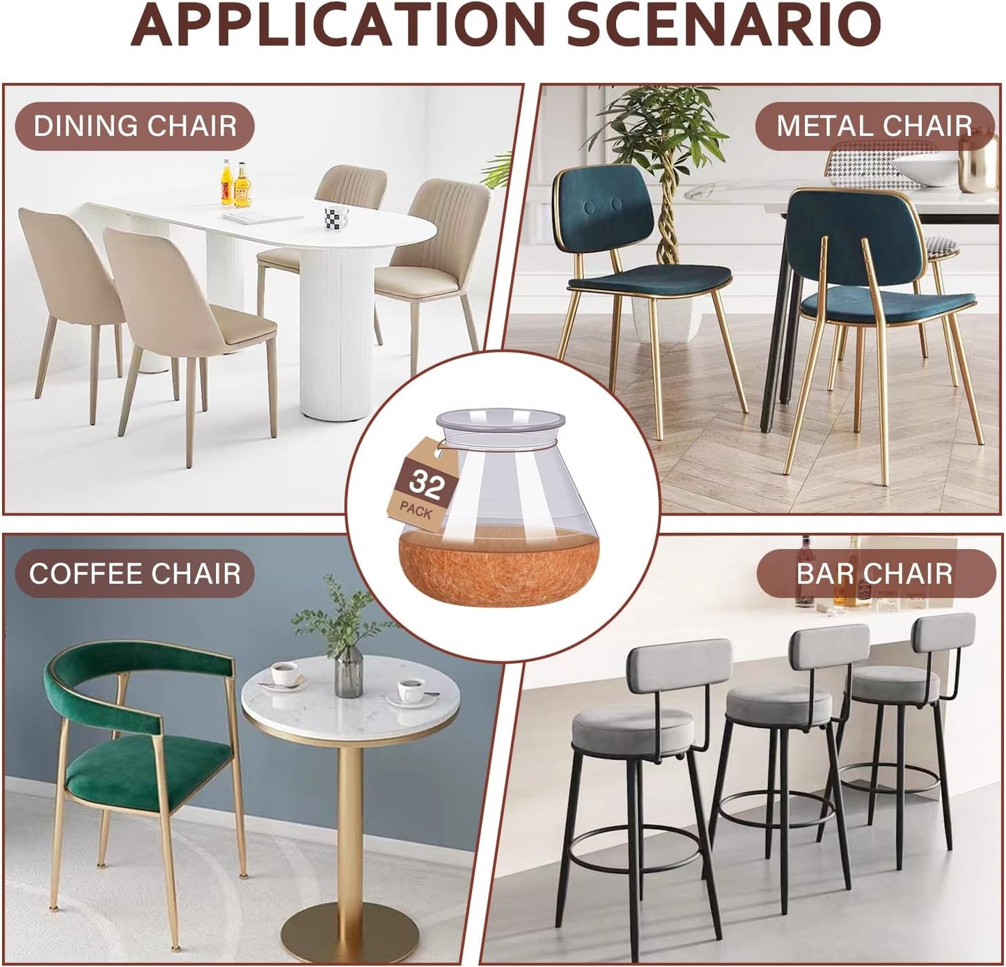 YOZON Chair Leg Floor Protectors for Hardwood Floors Felt Furniture Pads Silicone Caps 32 Pack Anti-Scratch Reduce Noise Clear Round Medium Fit 3/4" to 1-3/16" (19-30mm)