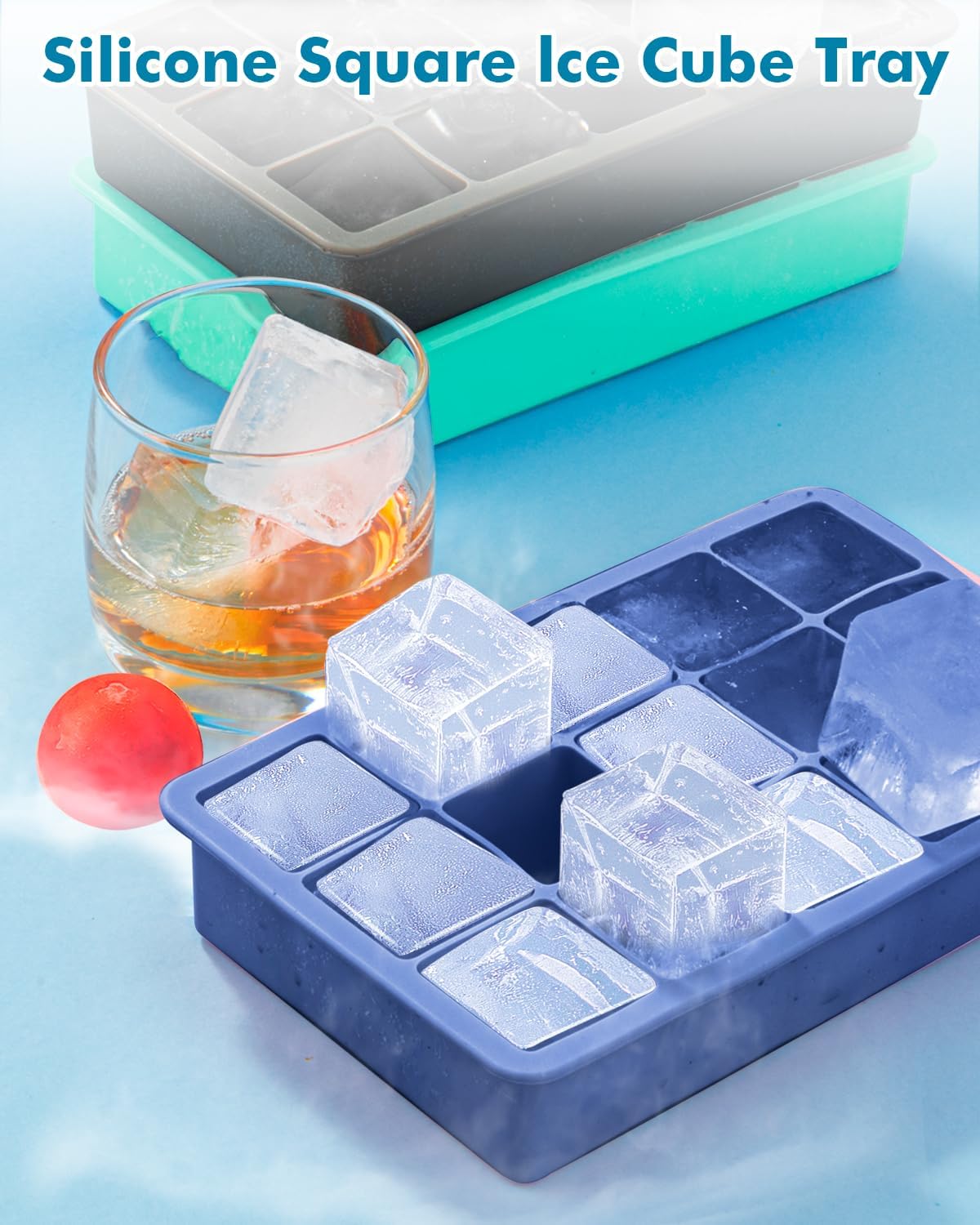 Silicone Ice Cube Trays for Freezer Set of 2, Square Ice Cubes Mold, Easy Release Silicone Old Fashioned Ice Cube Tray, Mini Fridge Rubber Ice Cube Tray for Whiskey Cocktail Coffee Soup