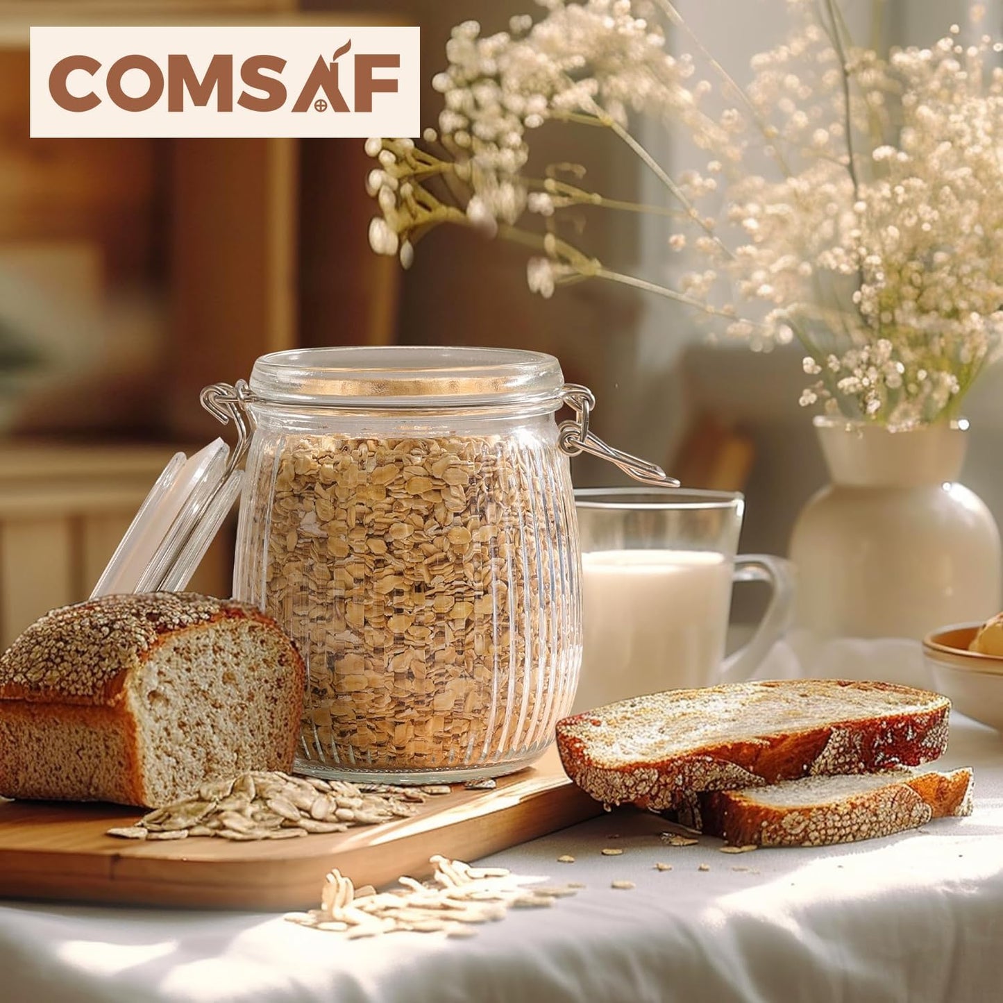 ComSaf Airtight Glass jar with lid 26oz Set of 6, Glass Storage Containers with Lids, Glass Canister, Mason Jars, Striped Clip Fastening Jar for Kitchen Canning, Oat, Coffee, Pasta, Snack, Nut, Candy