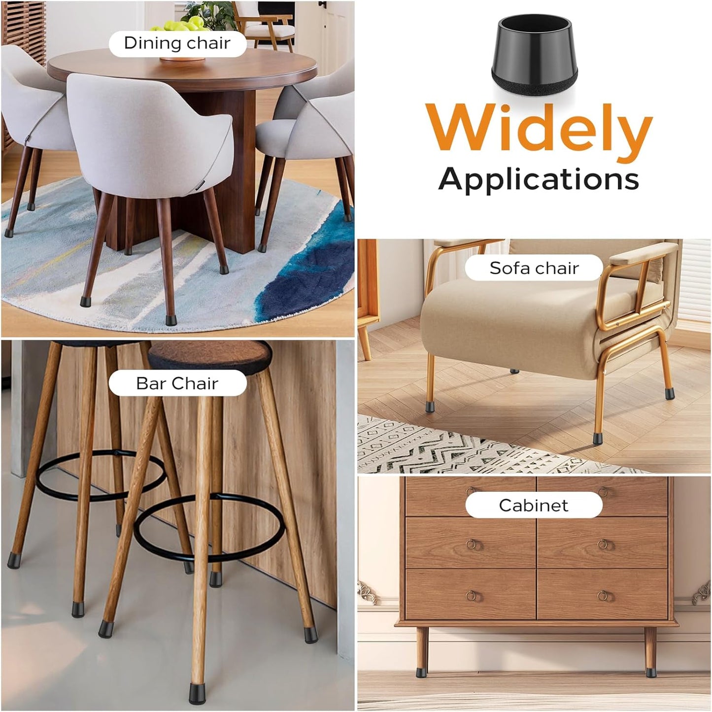 24 PCS Silicone & Felt Chair Leg Floor Protectors for Hardwood Floors - Furniture Pads, Chair Leg Covers/Cups - No Noise & Scratch-Proof - Round XS (Fits 9/16" - 13/16" / 15-20mm), Black