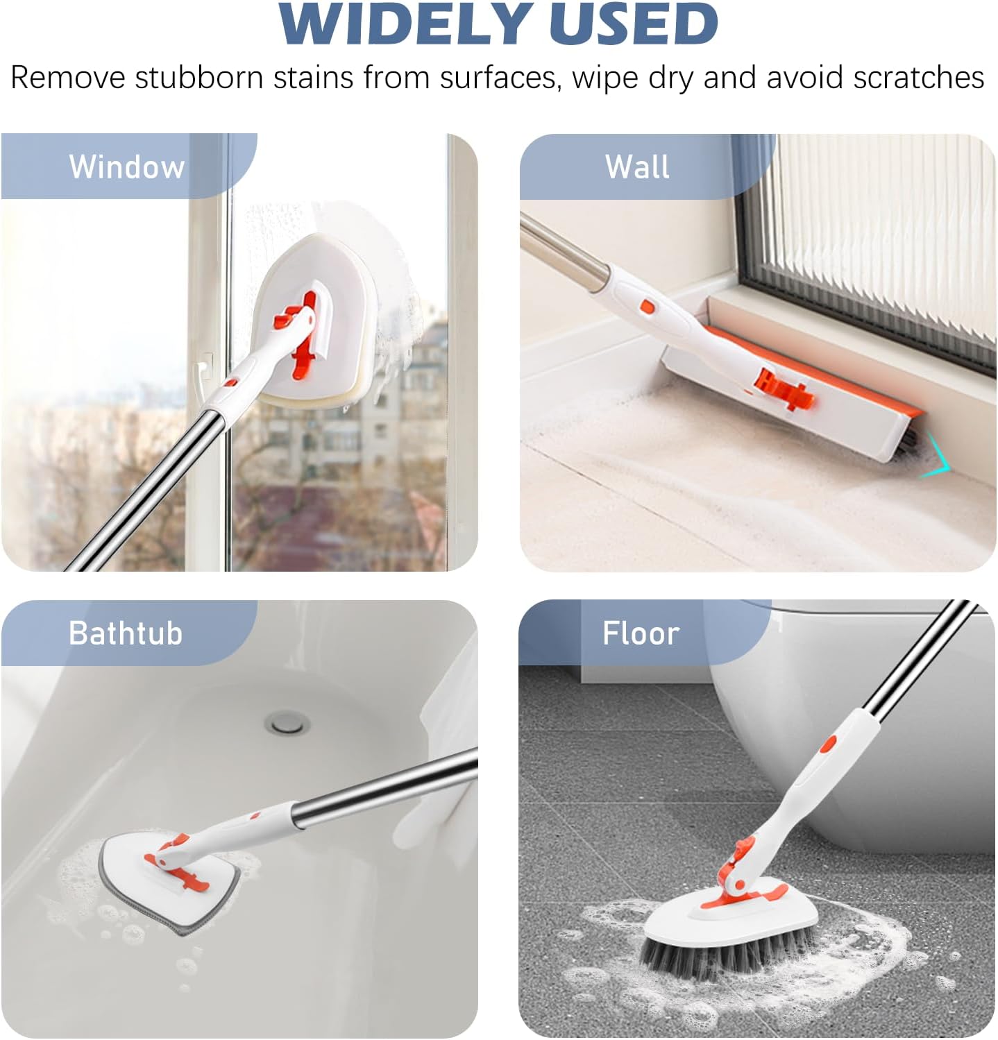 SetSail 4-in-1 Tile Tub Floor Scrubber with 52-inch Adjustable Long Handle Shower Cleaner Brush with V-Shaped Grout Brush and 3 Replacement Brush Heads for Cleaning Bathroom Kitchen Walls Tub Tile