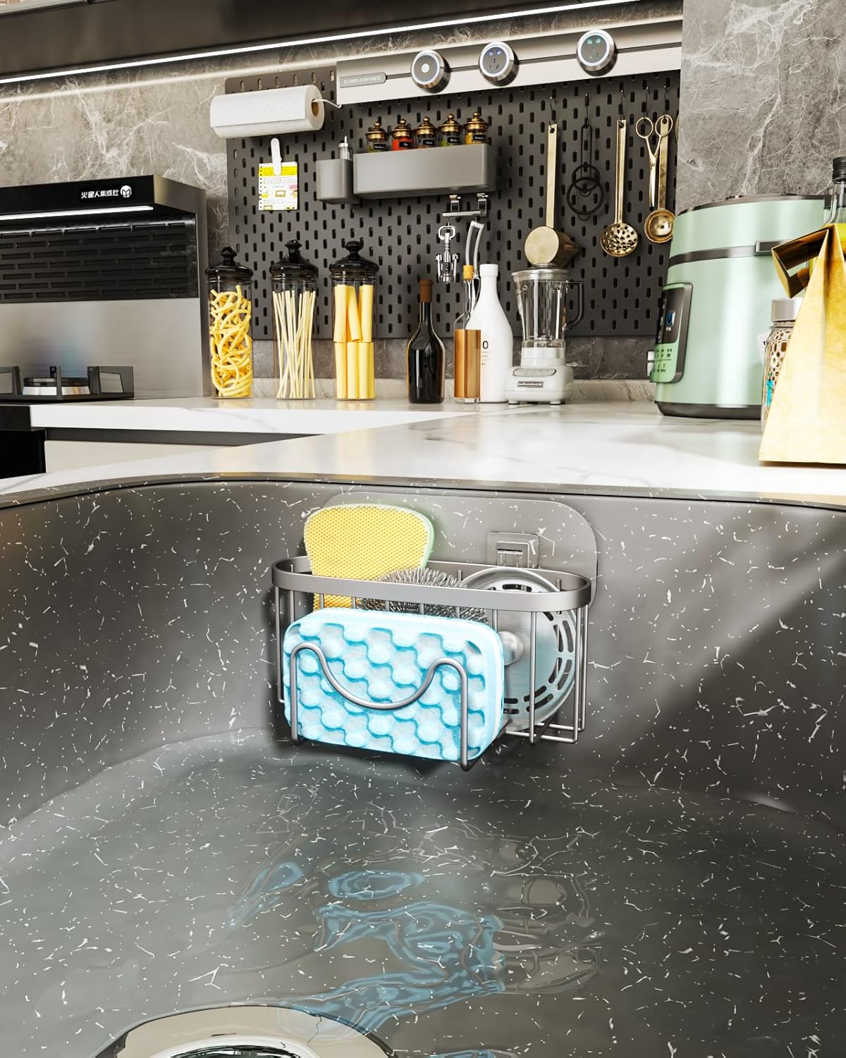 HapiRm Multifunctional Kitchen Sponge Holder with Unique M-Shaped, 2 Installation Ways Sink Caddy, Stainless Steel Kitchen Organizer for Sponge, Brush, Sink Stopper and Scraper -Brushed Nickel