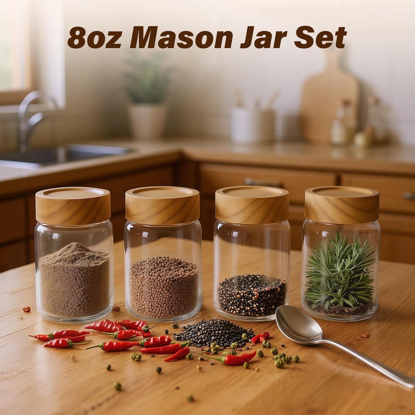 6pc Glass Mason Jars with Acacia Wood Airtight Lids - Overnight Oats & Food Storage Container Set, Clear Stackable Leakproof Kitchen Canisters for Meal Prep/Snack Organization/Spice Storage