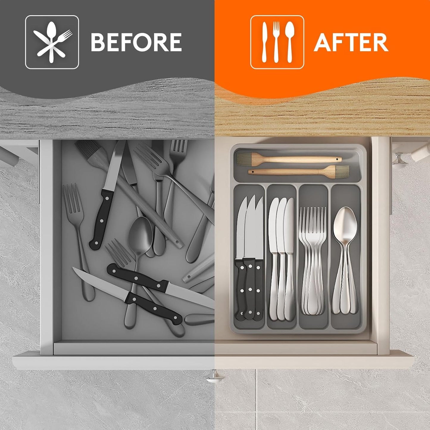 Lifewit Silverware Drawer Organizer Tray, Plastic Cutlery Storage for Kitchen Drawer, Flatware and Utensil Holder Divider for Spoons Forks Knives Tableware, 5 Compartment, Gray