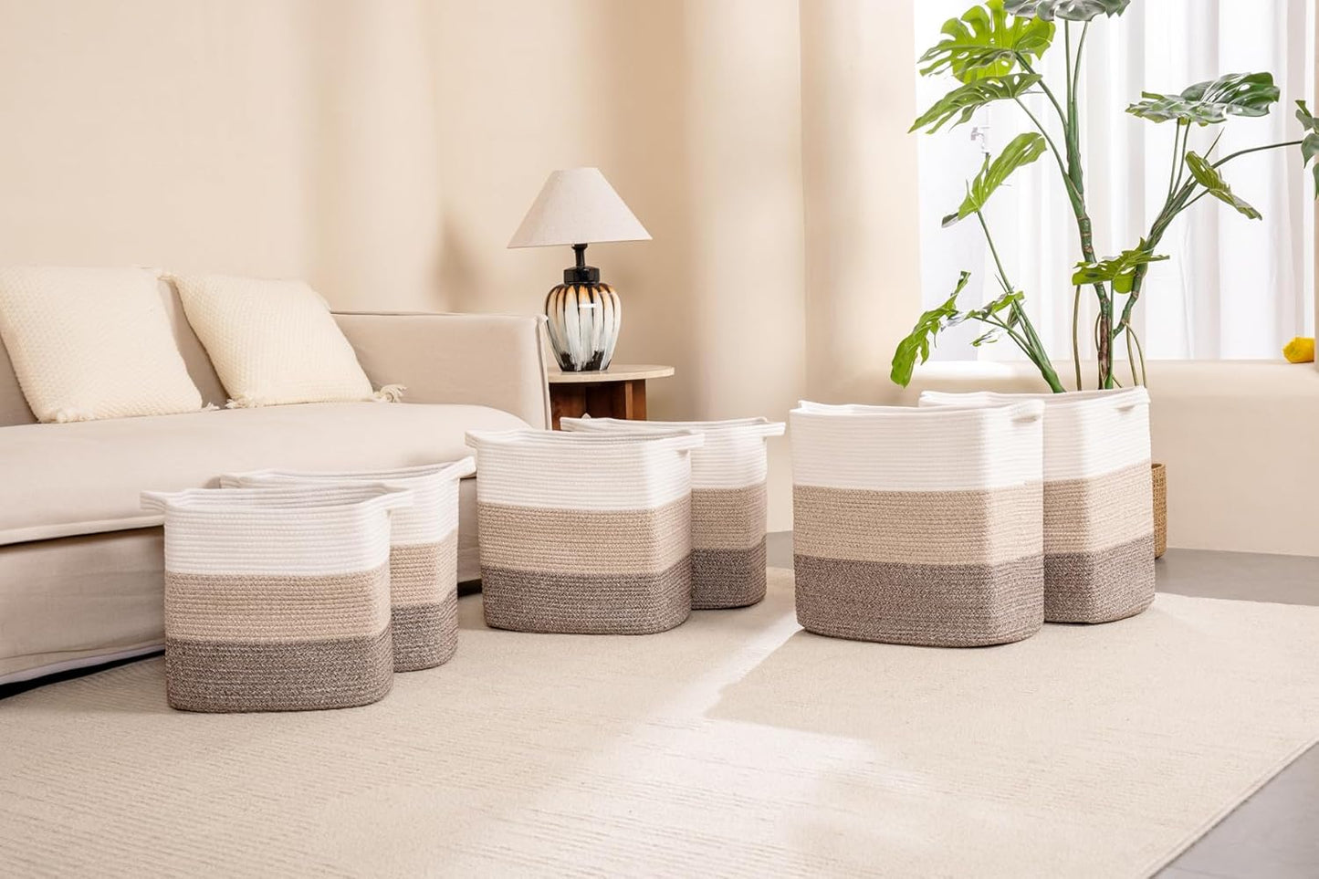 Storage Baskets for Clothes Fabric Cotton Rope Storage Basket with Handles, Decorative Woven Basket for Living Room,Closet Organizer Blankets, and 2bags (Gradient Brown, L14×W11×H14)