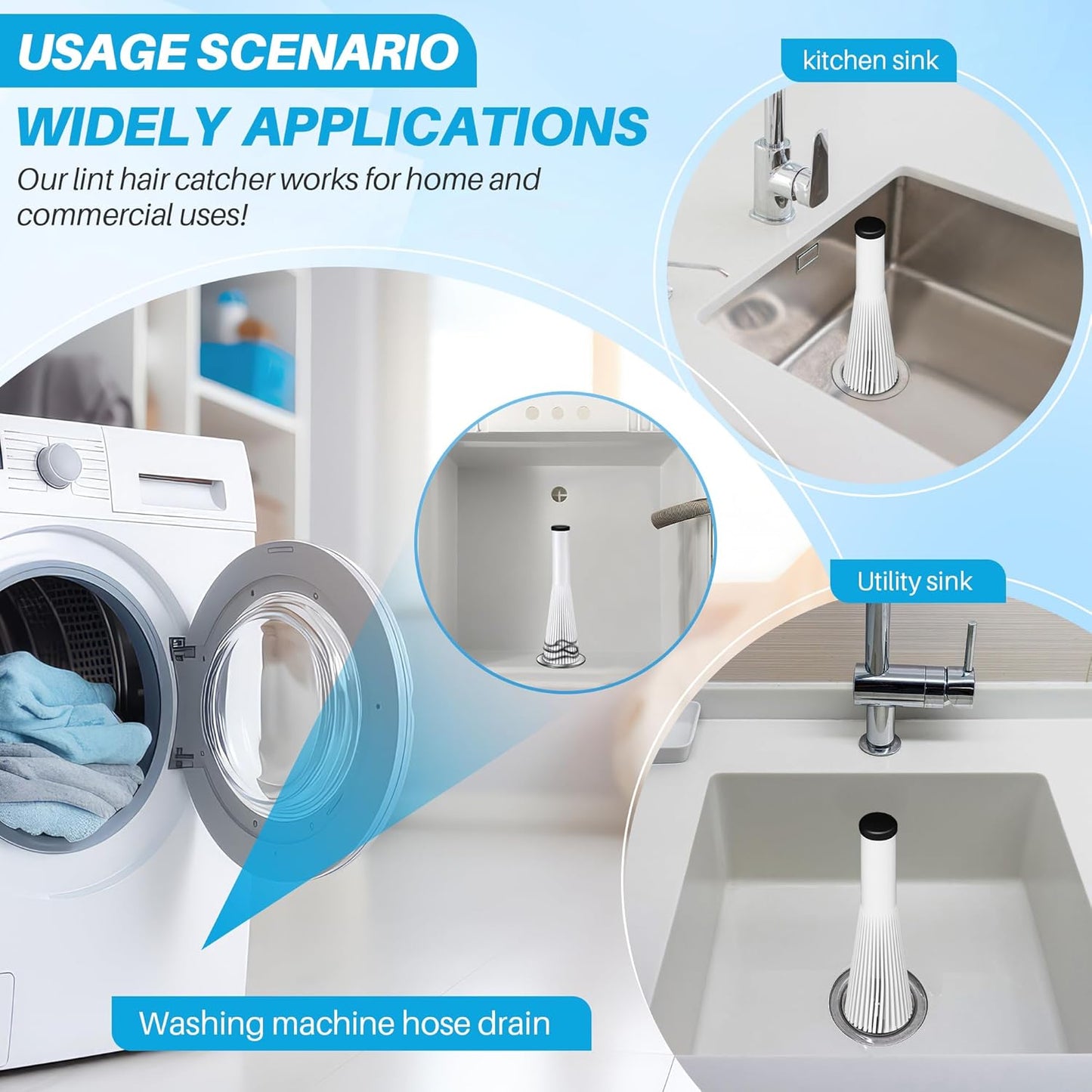 Feekoon 2 Pack Lint Trap for Washing Machine Utility Tub and Sink Drains, Laundry Lint Catcher with Rubber Plugs, Hair Catcher, Compatible with 1. 5''and 1. 75'' Drain to Prevent Clogs in Plumbing