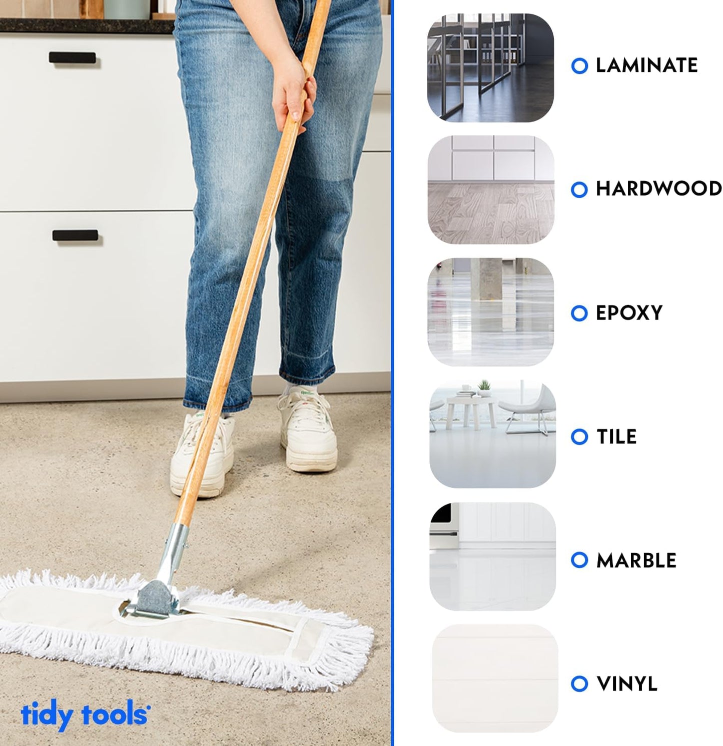 Commercial Dust Mop & Floor Sweeper, 24 in. Dust Mop for Hardwood Floors, Cotton Mop Head, Wooden Broom Handle, Industrial Dry Mop for Floor Cleaning & Janitorial Supplies