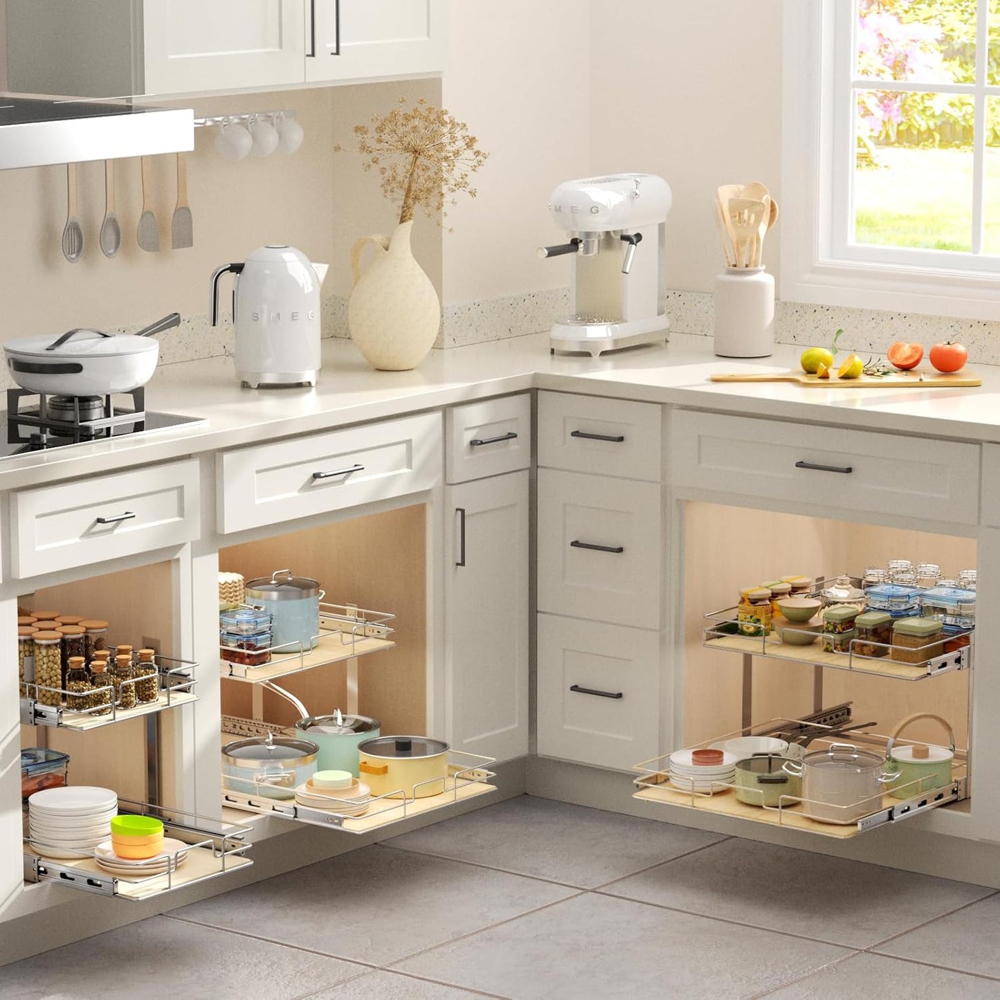 ROOMTEC 2 Tier Individual Pull Out Cabinet Organizer 19½"W x 21½"D, Slide Out Wood Shelves Organizers, Pull Out Drawers Organization and Storage for Kitchen Cabinet