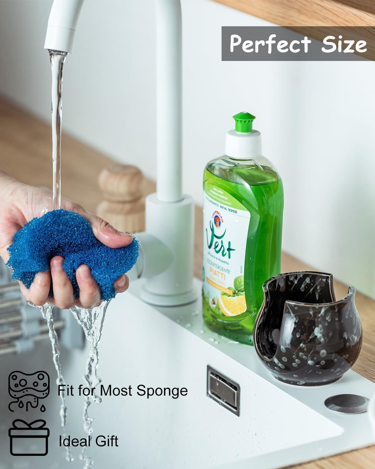 Kitchen Sponge Holder, Ceramic Dish Sponge Holder Kithen Sink Organizer Farmhouse Brush Holder Dish Rack for Bathroom, Kitchen, Sink, Black