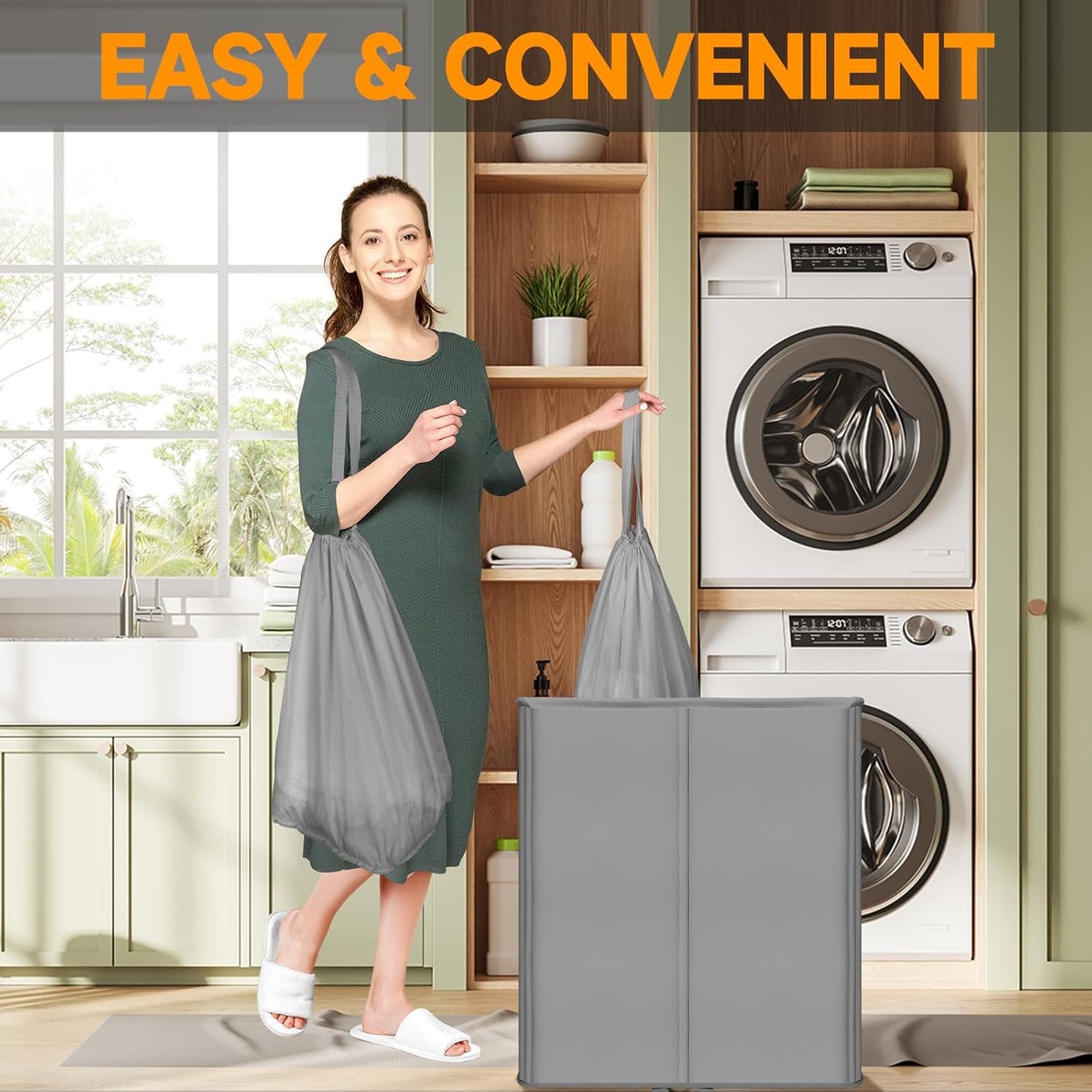 150L Double Laundry Hamper with Lid and Removable Bags,28in Tall Laundry Basket 2 Section,Large Dirty Clothes Hamper 2 Dividers for Bedroom,Laundry Room,Bathroom,Dorm Grey